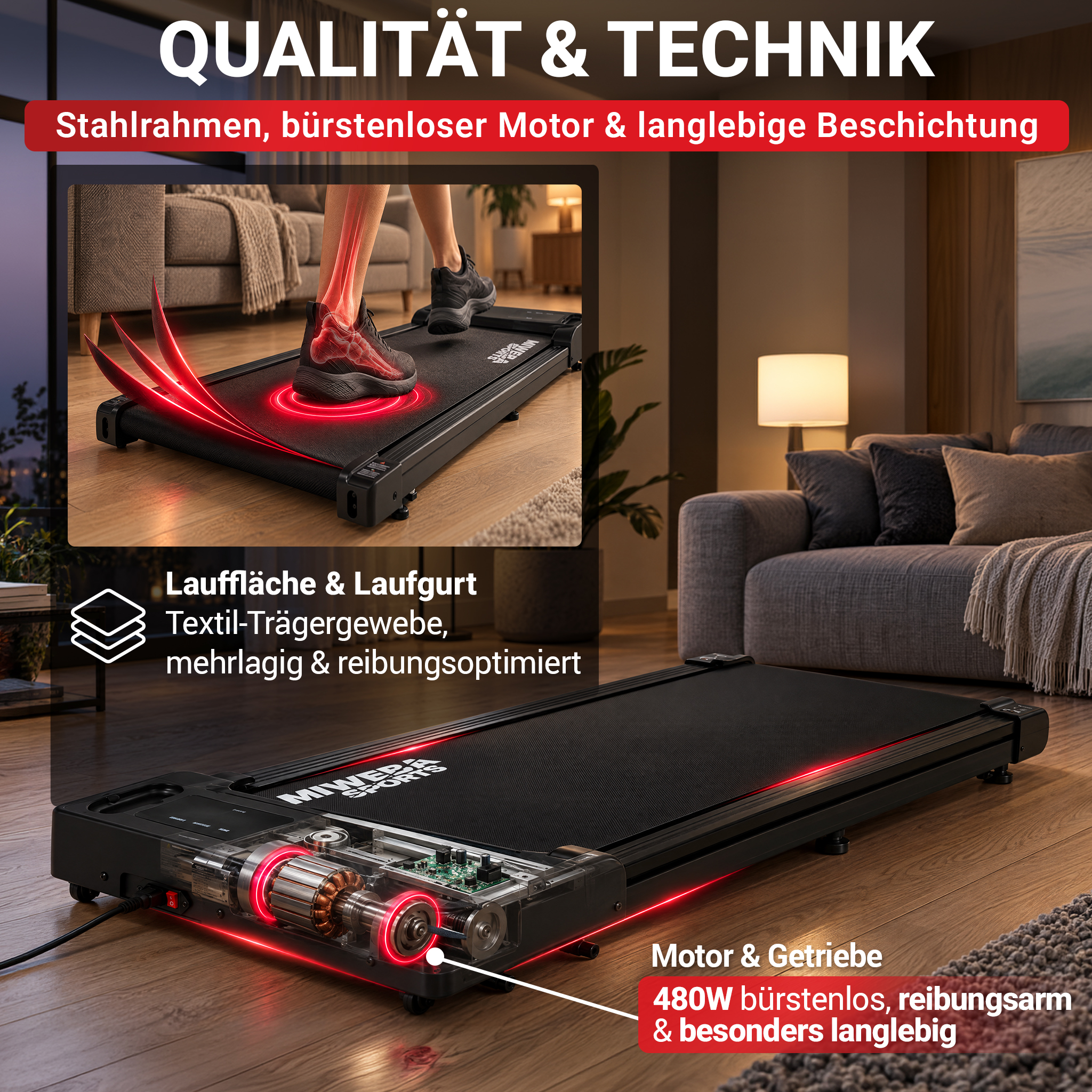 Ein schwarzes Laufband mit Motor und Dämpfung auf einem Holzfussboden im Wohnzimmer.