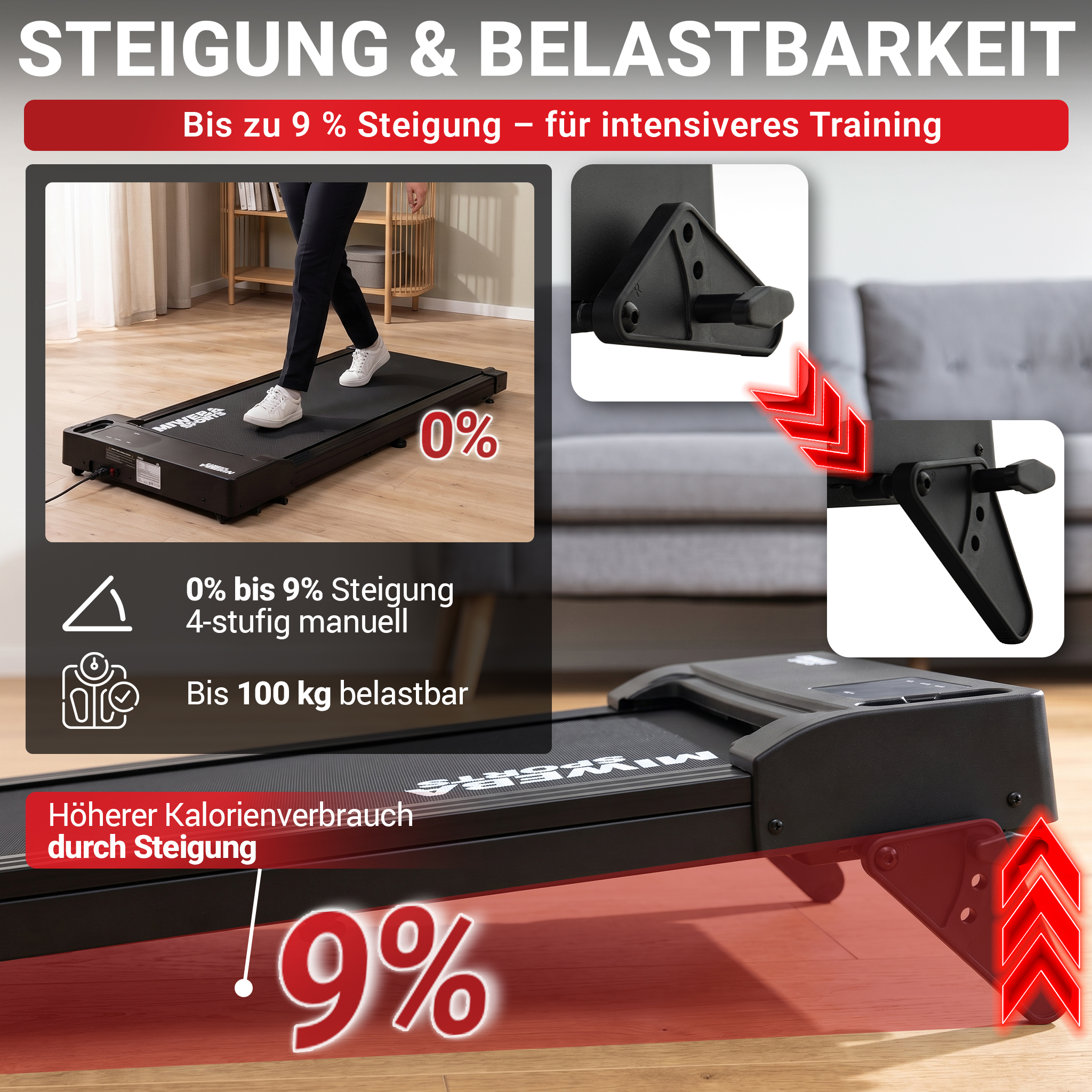 Laufband mit 0-9% Steigung und bis zu 100 kg Belastbarkeit.