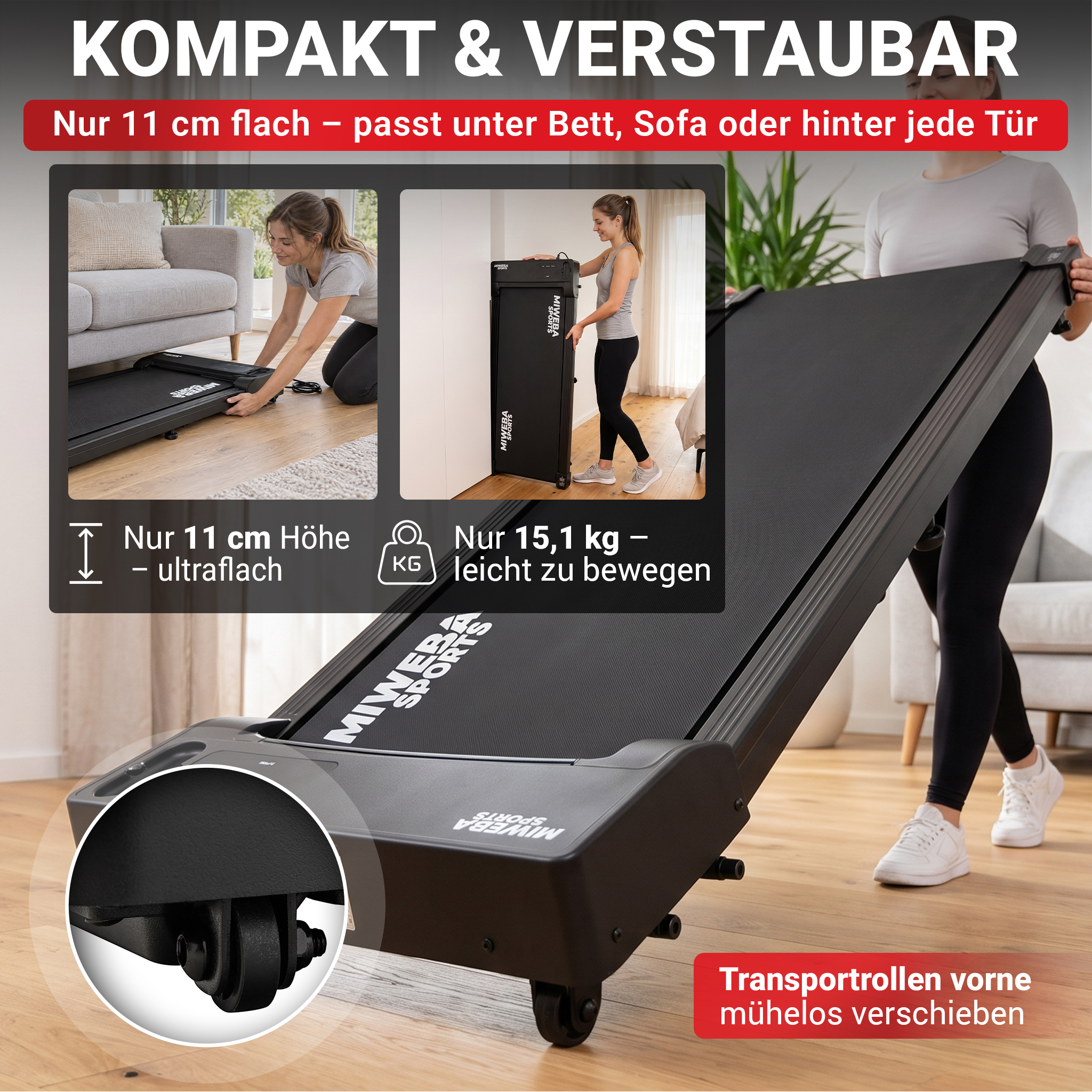 Eine Frau bewegt ein kompaktes, flaches Laufband mit Transportrollen.