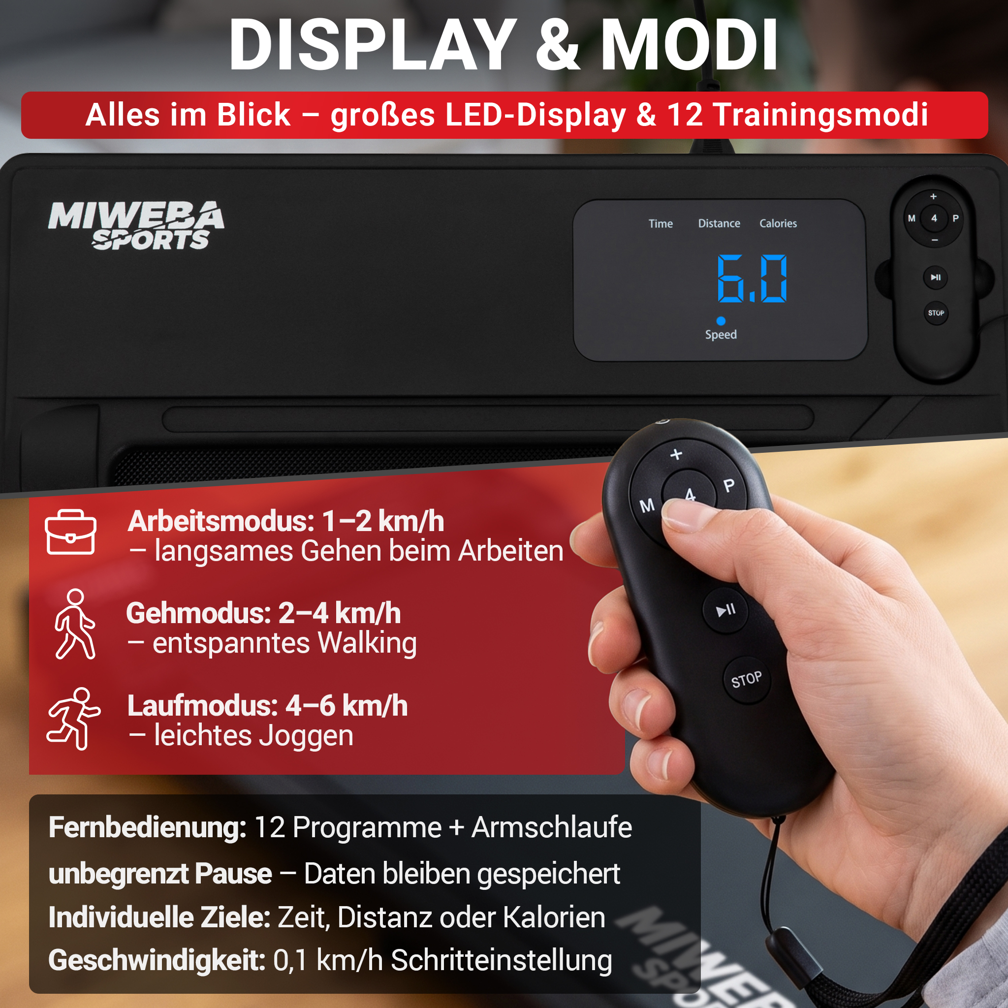 Hand hält Fernbedienung vor LED-Display eines Miweba Sports Laufbands mit Geschwindigkeitsstufen.