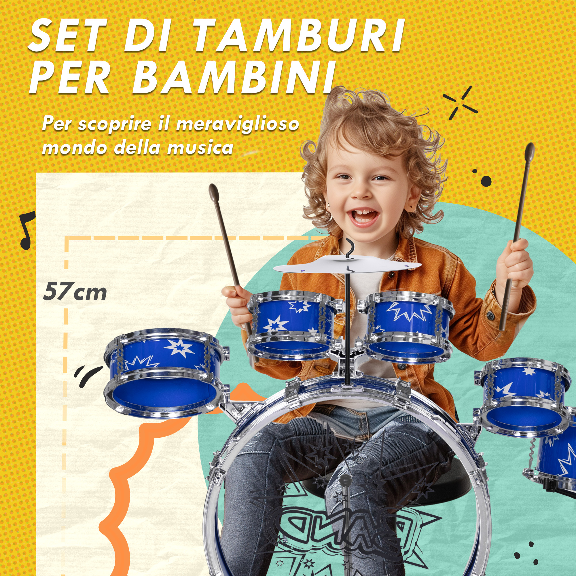 Un bambino sorridente suona una batteria giocattolo blu con le bacchette su uno sfondo colorato.