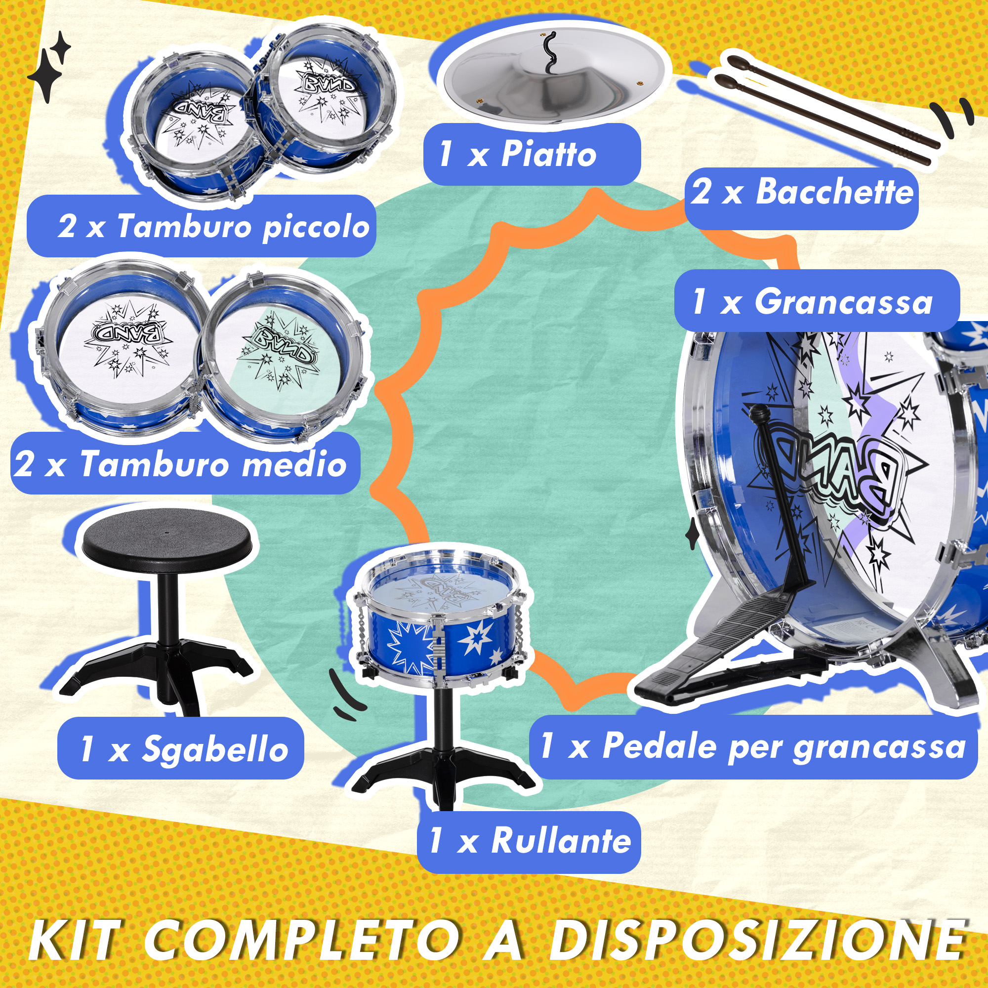 Una batteria per bambini blu e bianca con sgabello, piatto, pedale e bacchette.