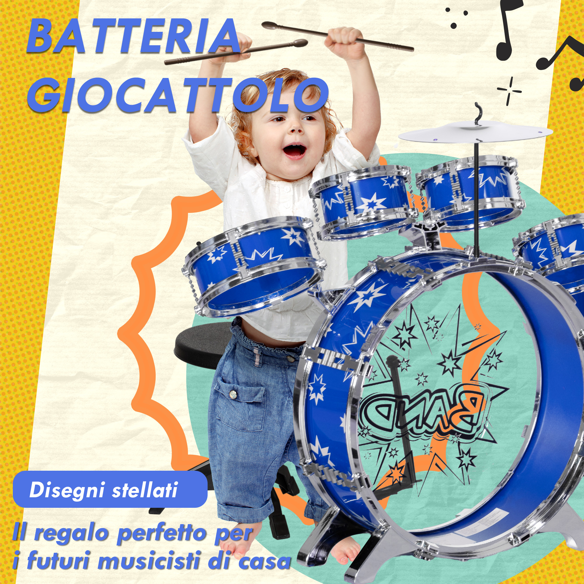 Un bambino piccolo suona felicemente una batteria giocattolo blu con disegni di stelle, tenendo alte le bacchette.