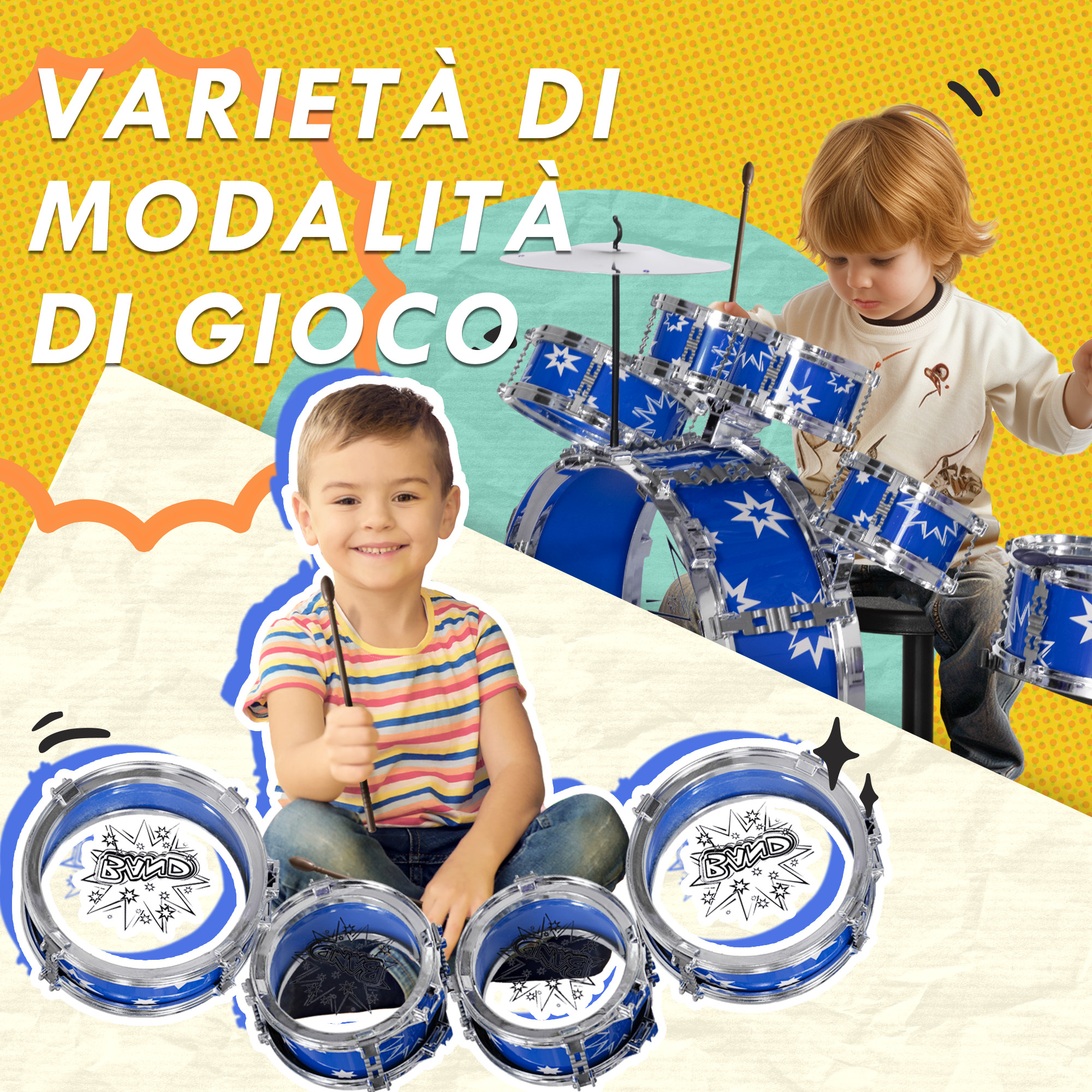 Bambini che giocano con una batteria giocattolo blu su sfondo colorato.