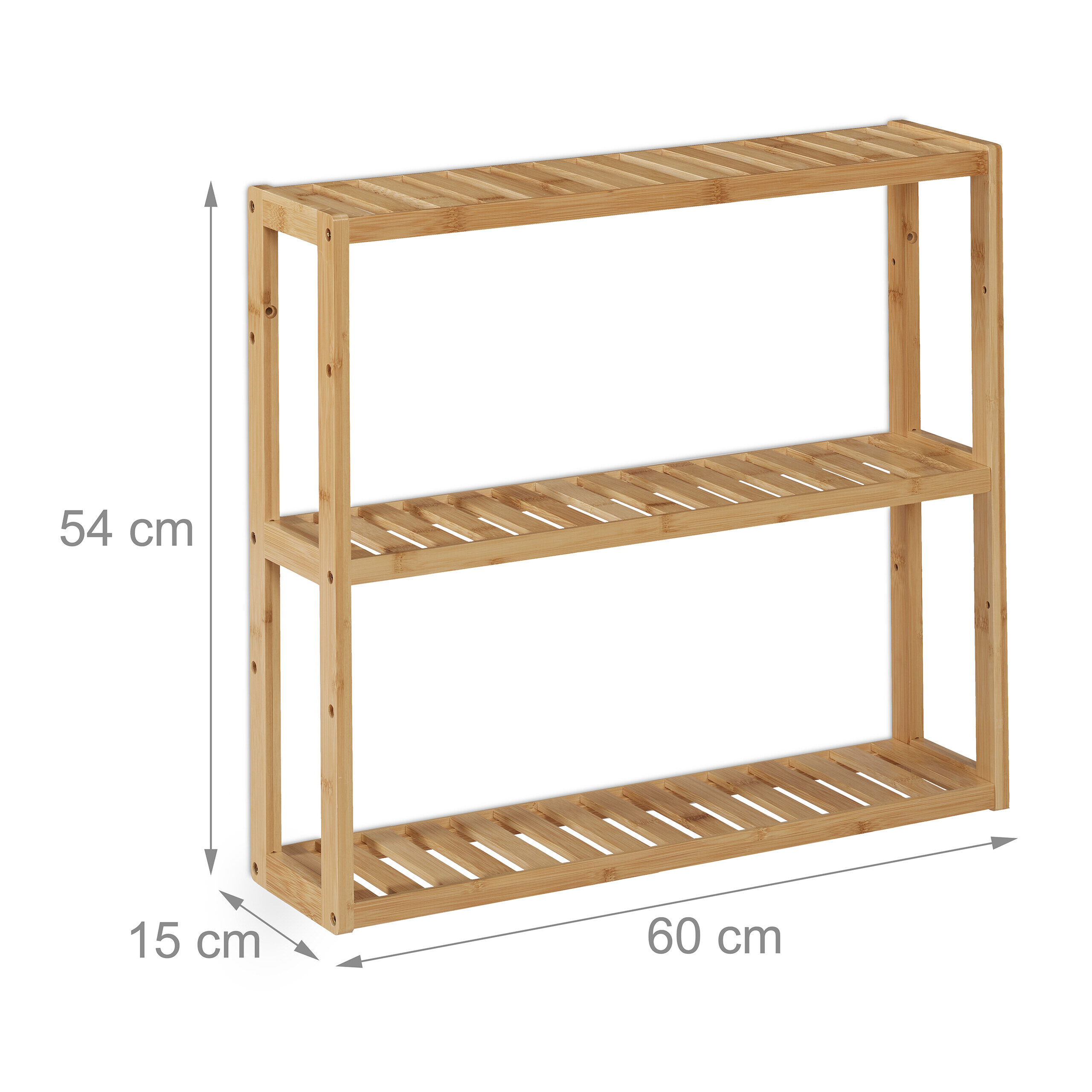 Ein dreistöckiges Bambusregal mit Maßen von 60x15x54 cm auf weißem Hintergrund.