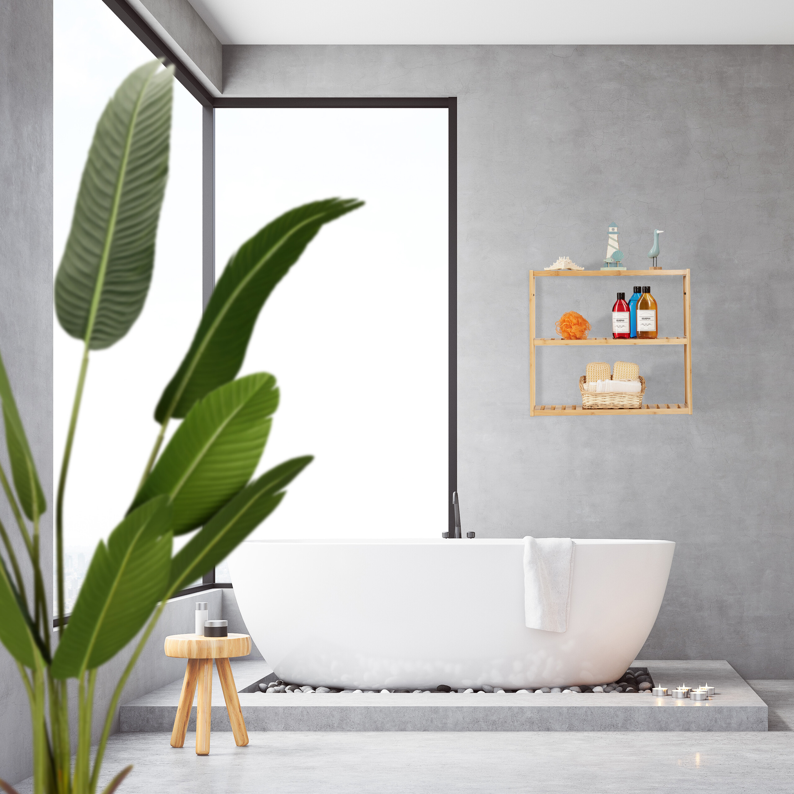Modernes Badezimmer mit weißer Badewanne, grauen Wänden, Holzregal und großer Pflanze im Vordergrund.