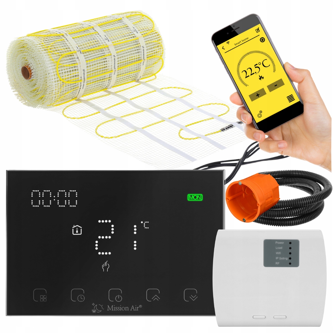 Mata grzewcza podłogowa, smartfon z aplikacją temperatury, termostat cyfrowy i pomarańczowa puszka elektroinstalacyjna.