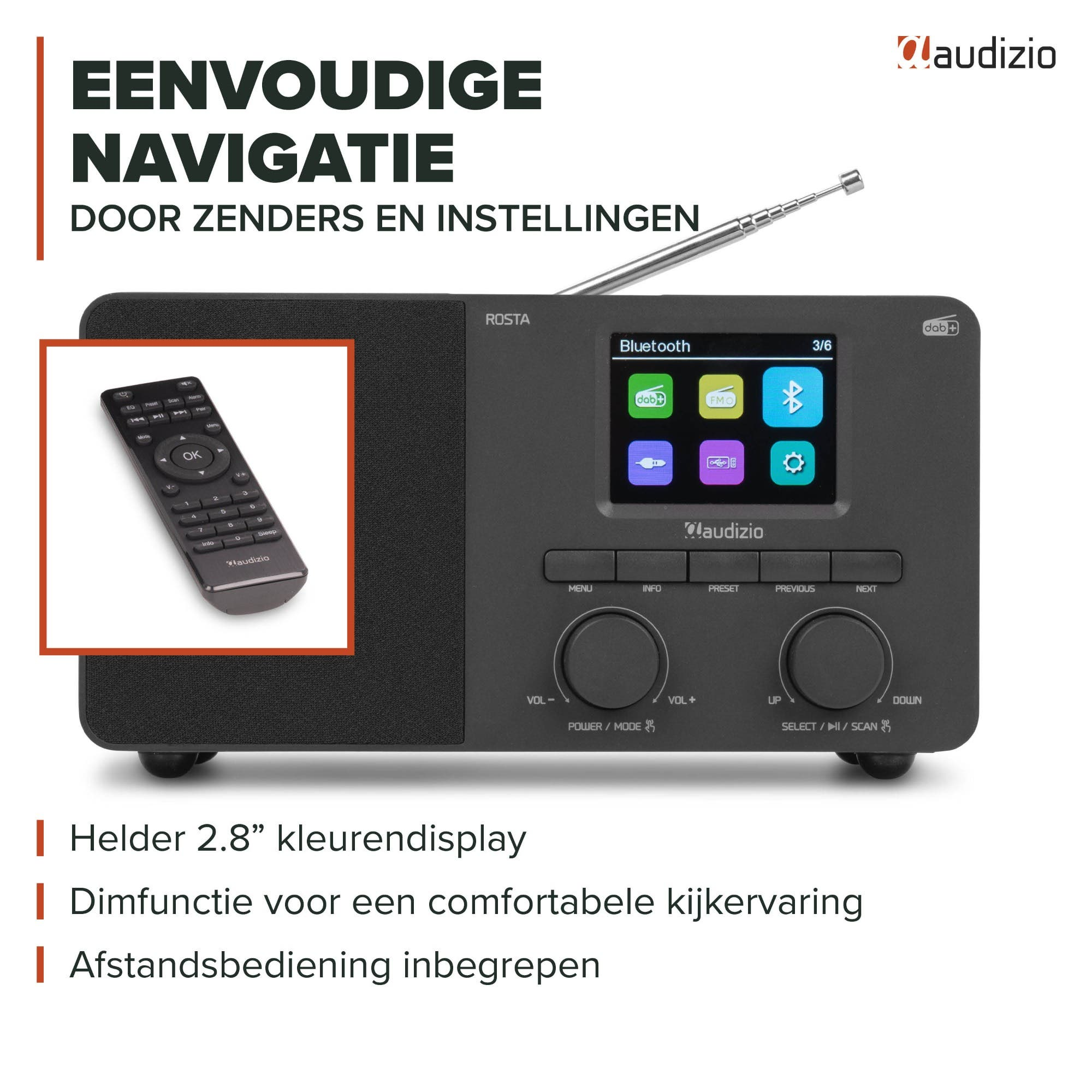 Ein schwarzes Audizio Digitalradio mit Farbdisplay, Drehreglern und einer Fernbedienung.