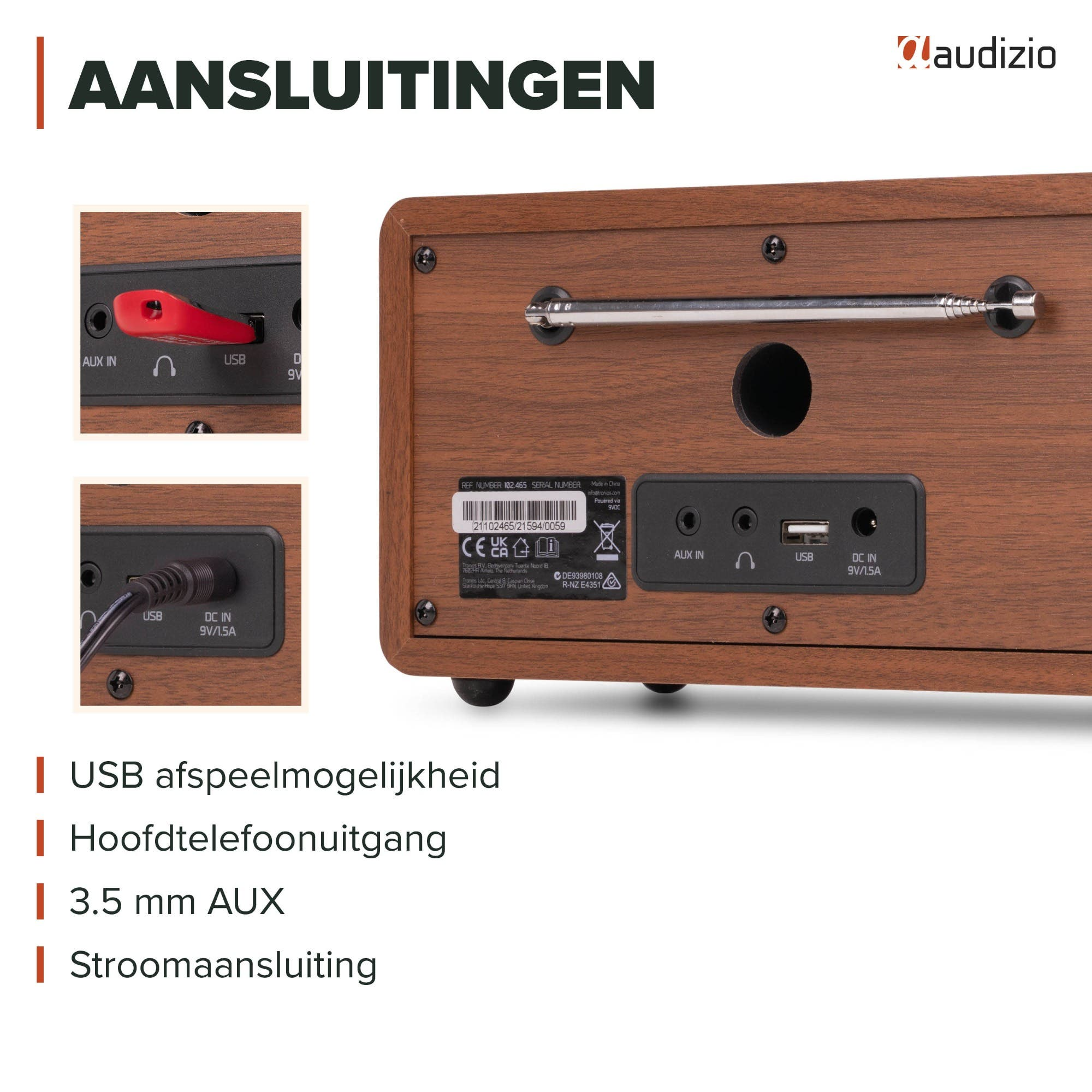 Rückseite eines Audizio-Radios mit AUX, USB, Kopfhöreranschluss und Antenne.
