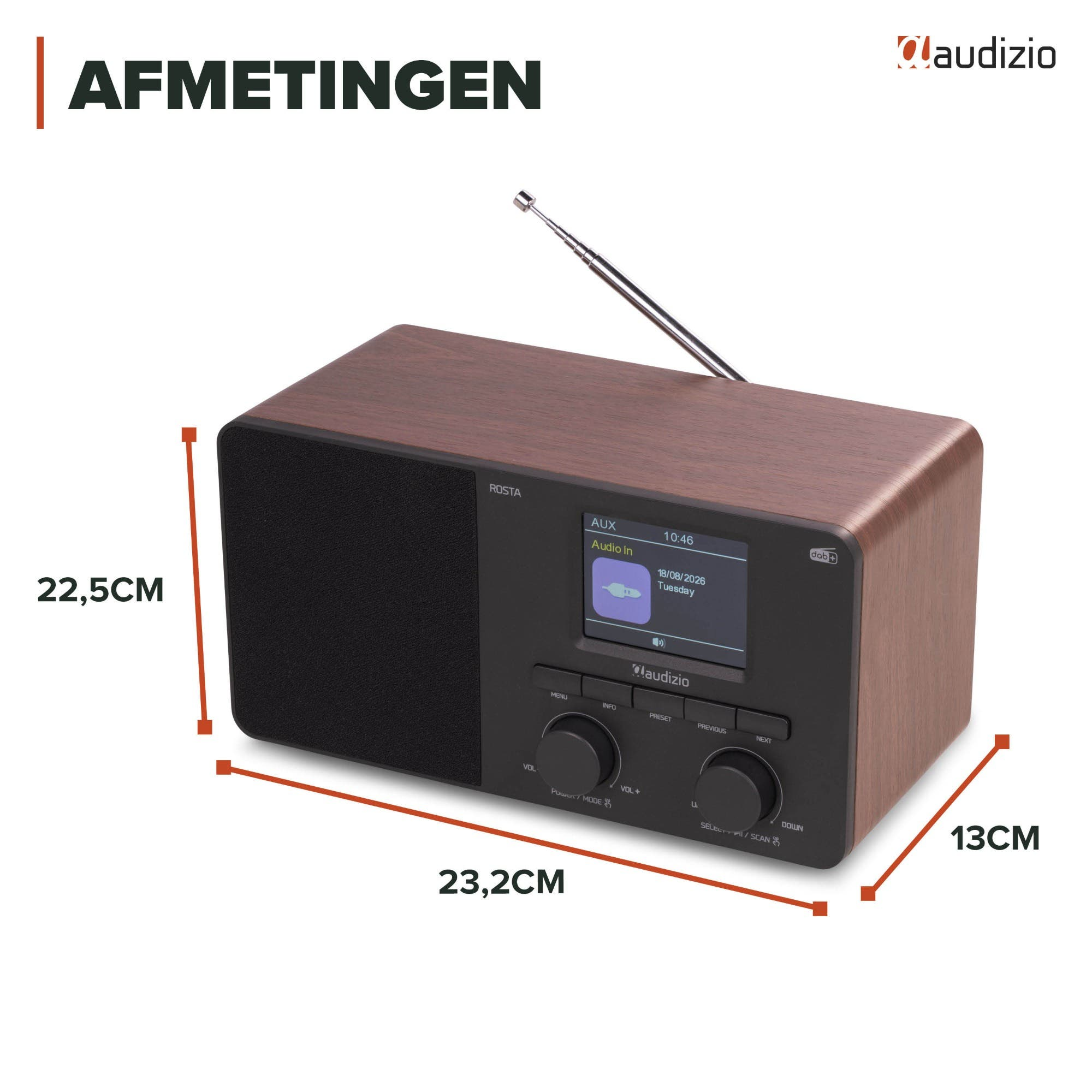Holzfarbenes Audizio-Radio mit Maßen: 22,5cm Höhe, 23,2cm Breite und 13cm Tiefe, Digitaldisplay und zwei Drehreglern.