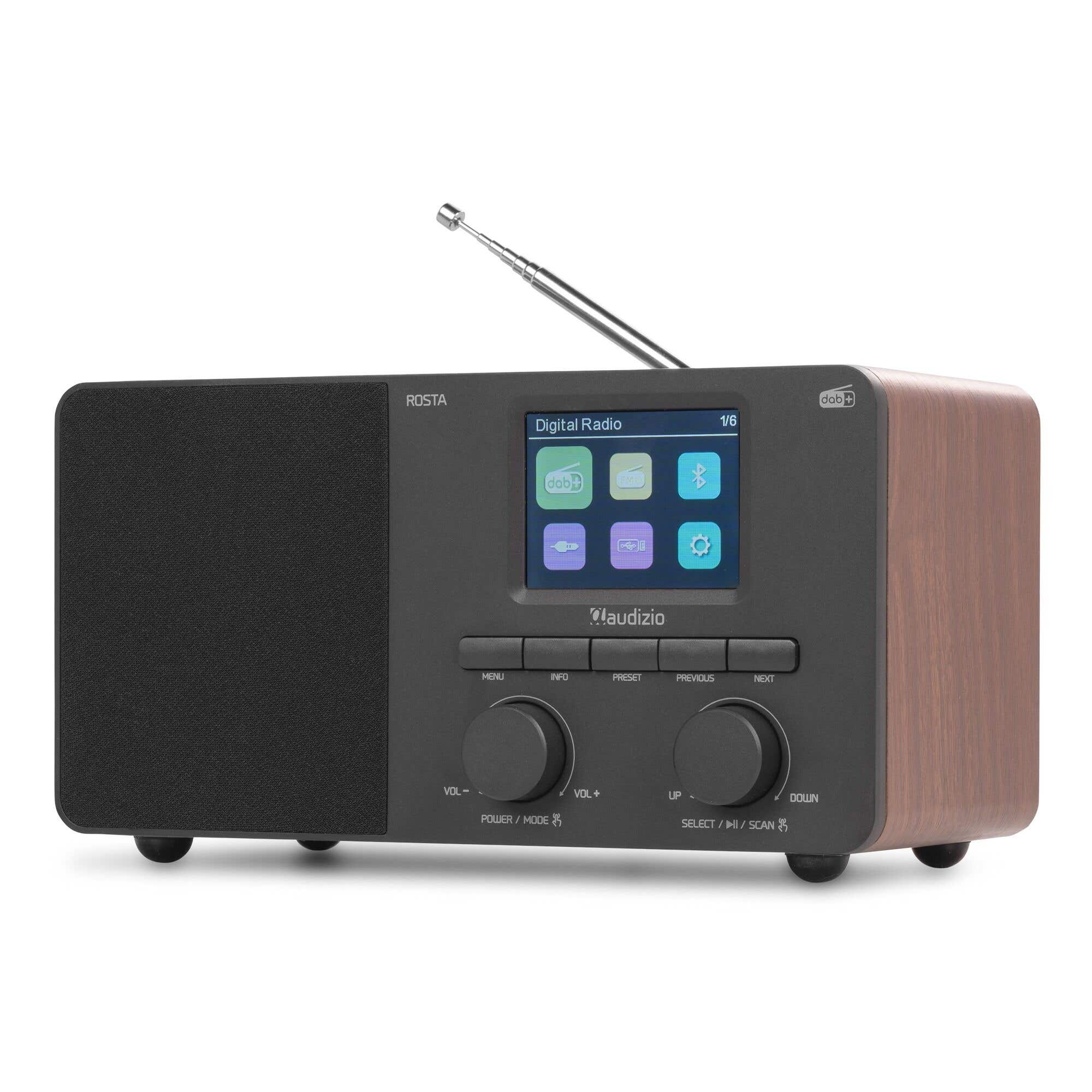 Audizio Digitalradio mit Holzgehäuse, Display, Knöpfen, Reglern und Antenne auf weißem Hintergrund.