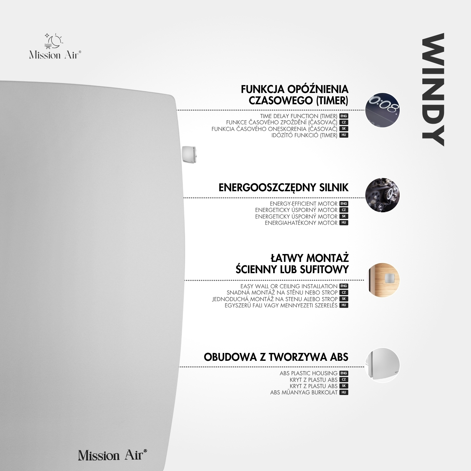 Reklama nagrzewnicy Mission Air Windy z opisem funkcji na białym tle.