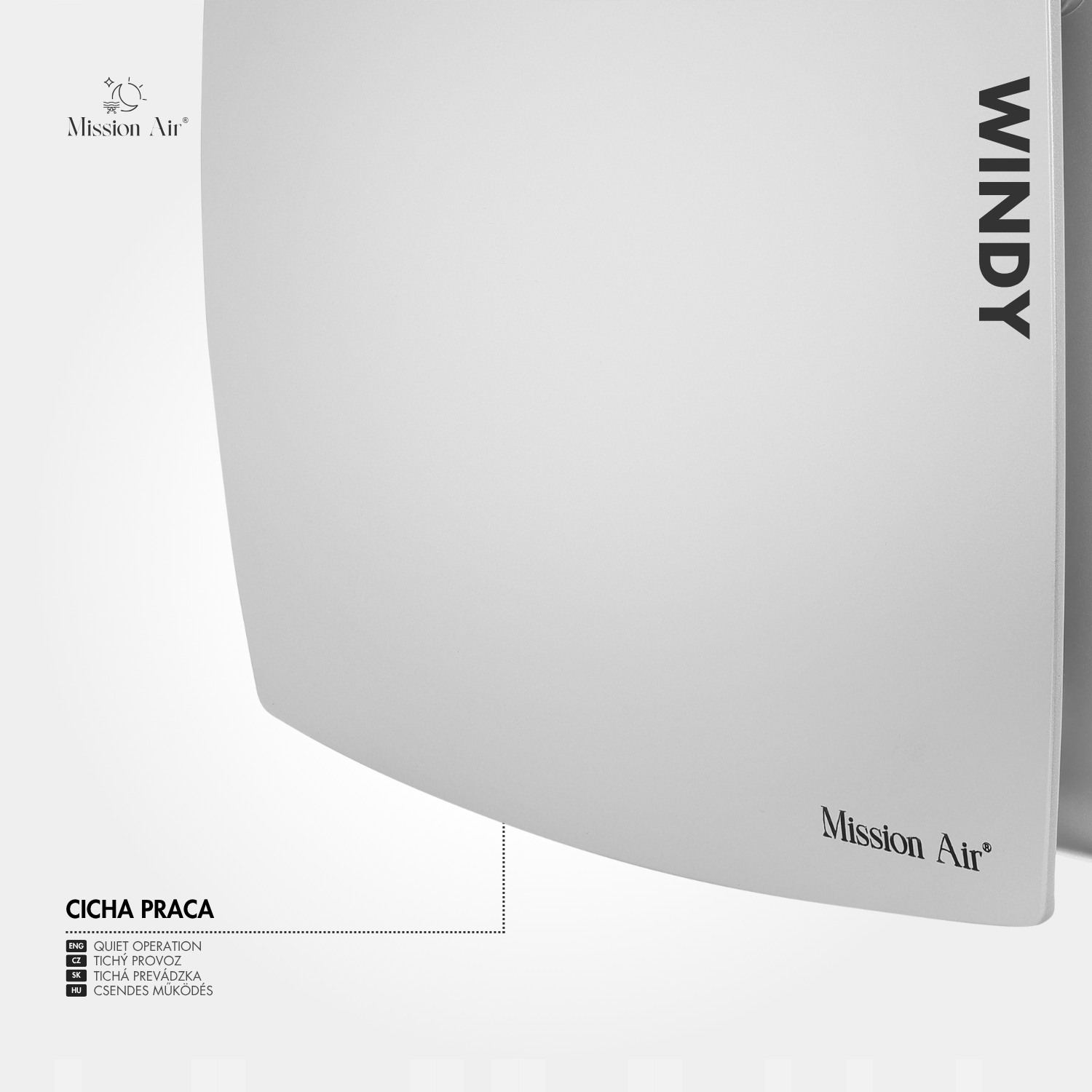 Biały grzejnik Mission Air Windy z tekstem w wielu językach o cichej pracy.