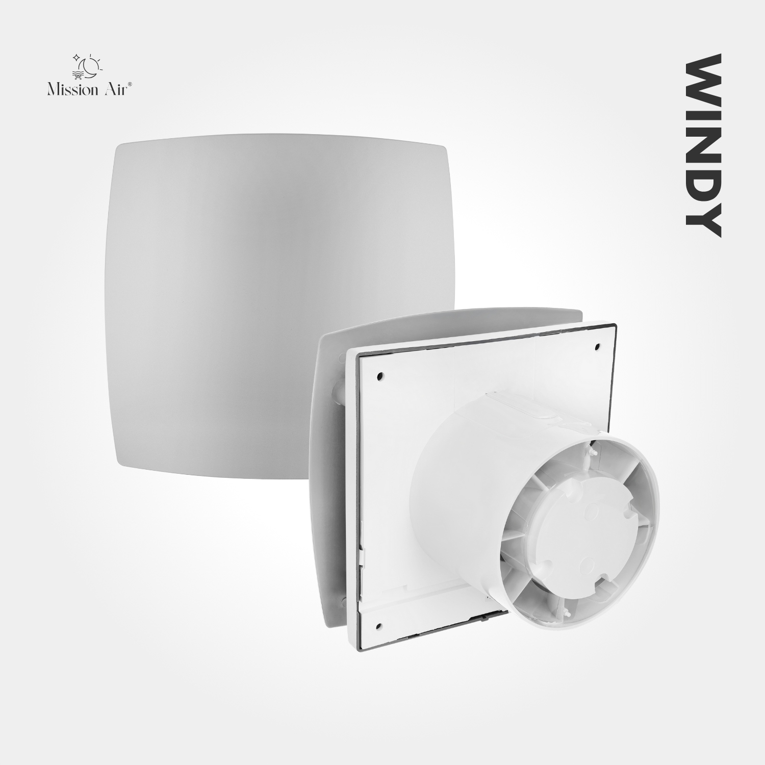 Biały wentylator łazienkowy Windy marki Mission Air z panelem przednim.
