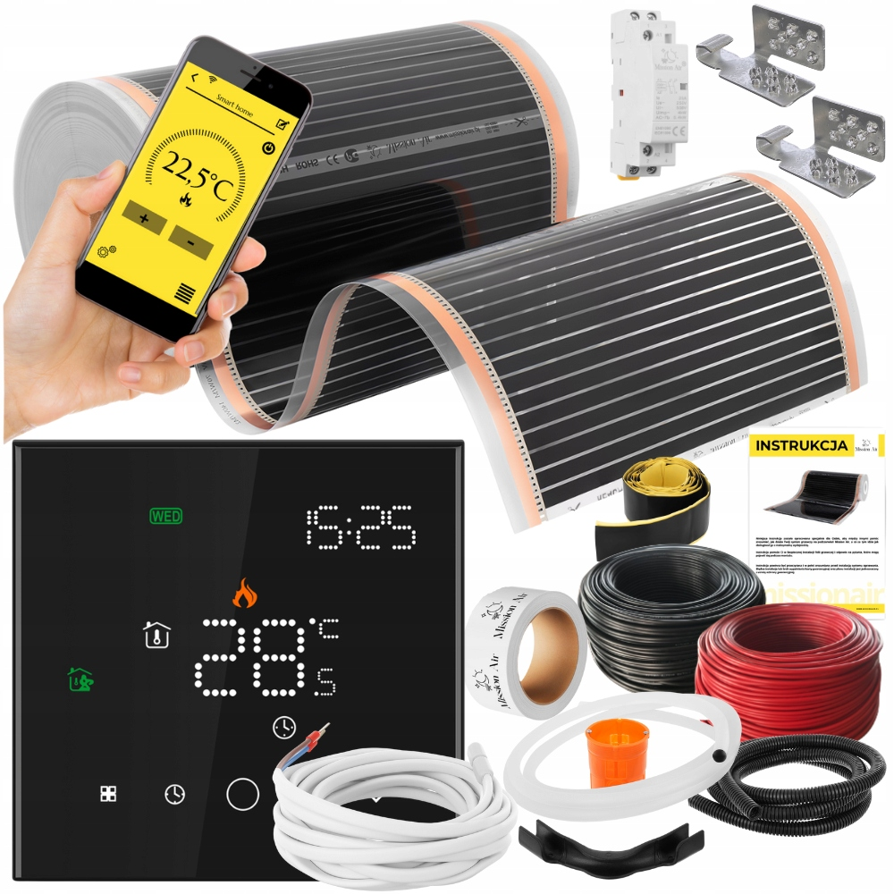 Folia grzewcza na podczerwień ze sterowaniem smartfonem, termostatem i akcesoriami.