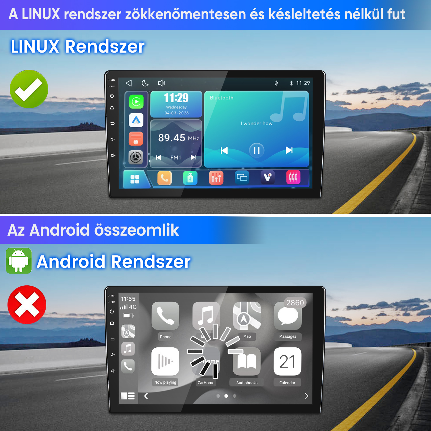 Két autó kijelző összehasonlítása: a Linux zökkenőmentesen fut, az Android összeomlik.