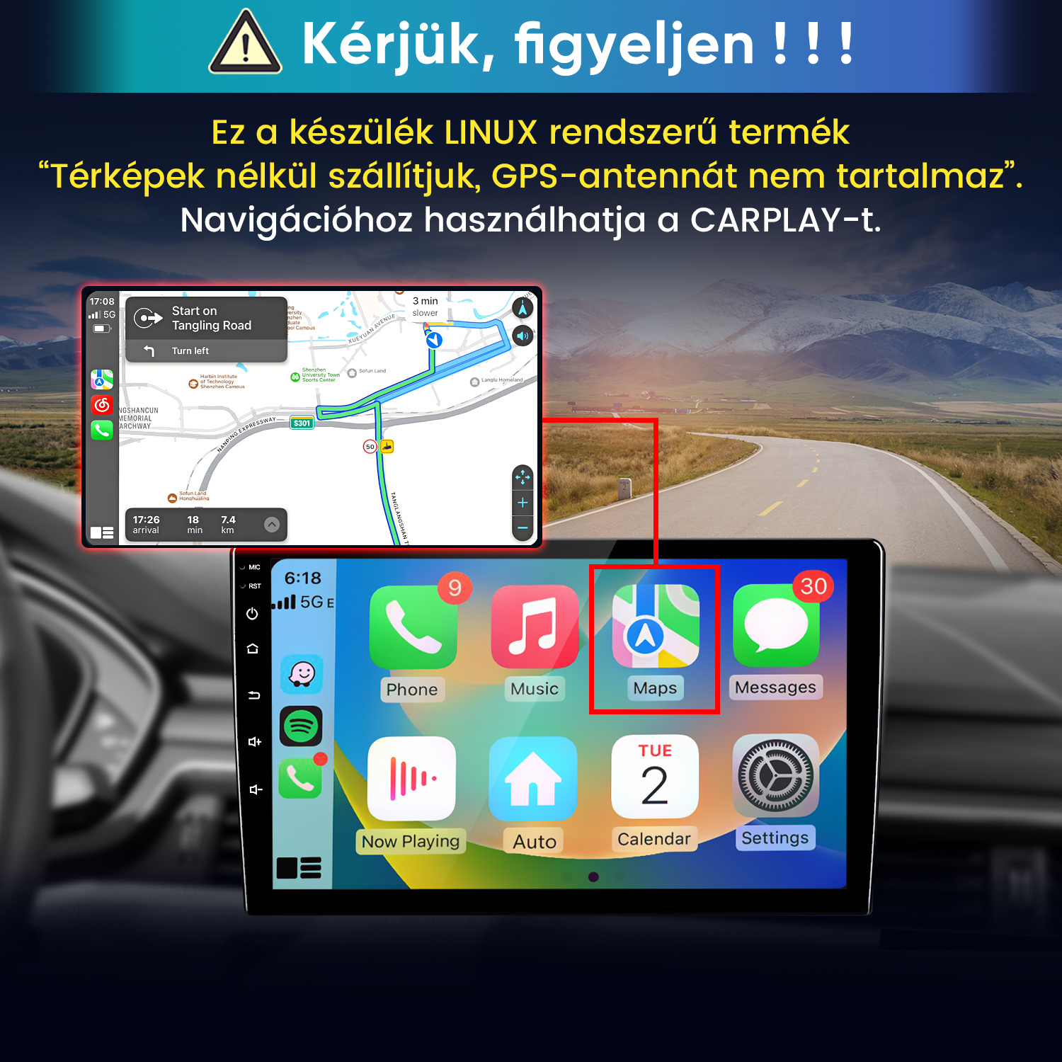 Linux autós rádió CarPlay menüvel és figyelmeztető magyar szöveggel.
