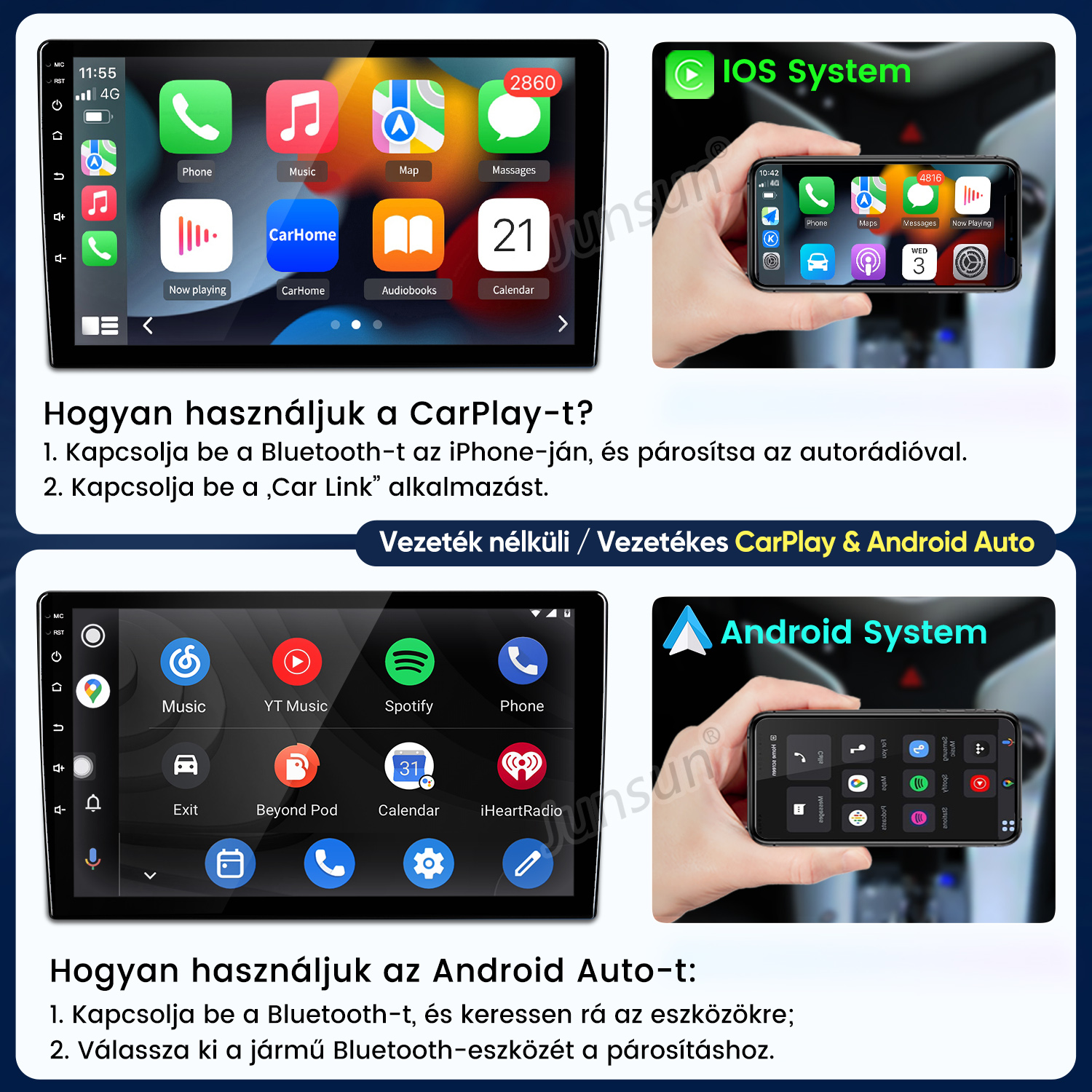 Útmutató a CarPlay és az Android Auto használatához okostelefon-kapcsolattal rendelkező autórádiókon.