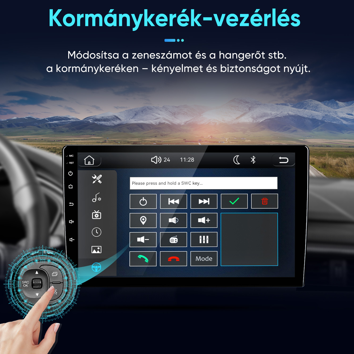 Kormánykerék-vezérlés autó kijelzőjén, háttérben hegyi táj úttal.