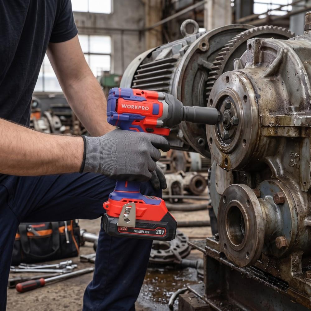 Eldivenli bir işçi, büyük bir endüstriyel makinede kırmızı ve mavi somun sıkma anahtarı kullanıyor.