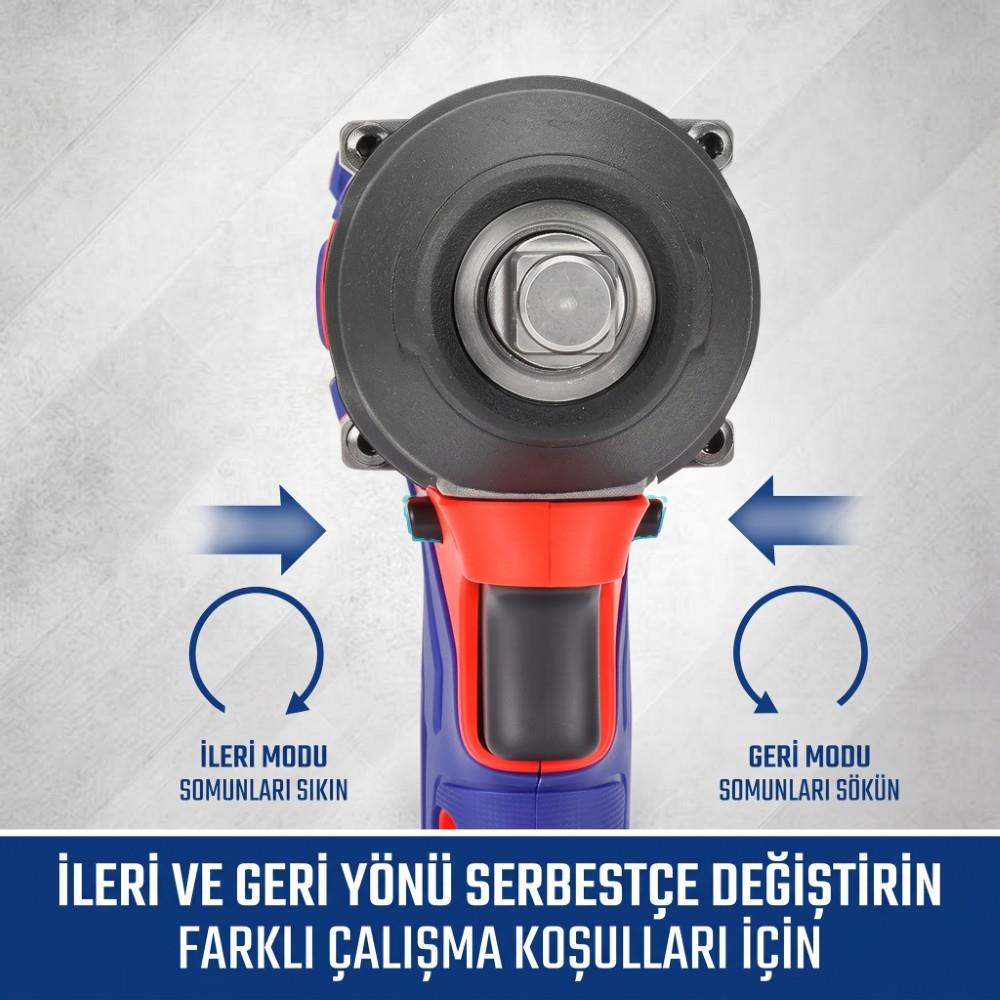 İleri ve geri modlarını belirten metinli mavi renkli darbeli somun sıkma başlığı.