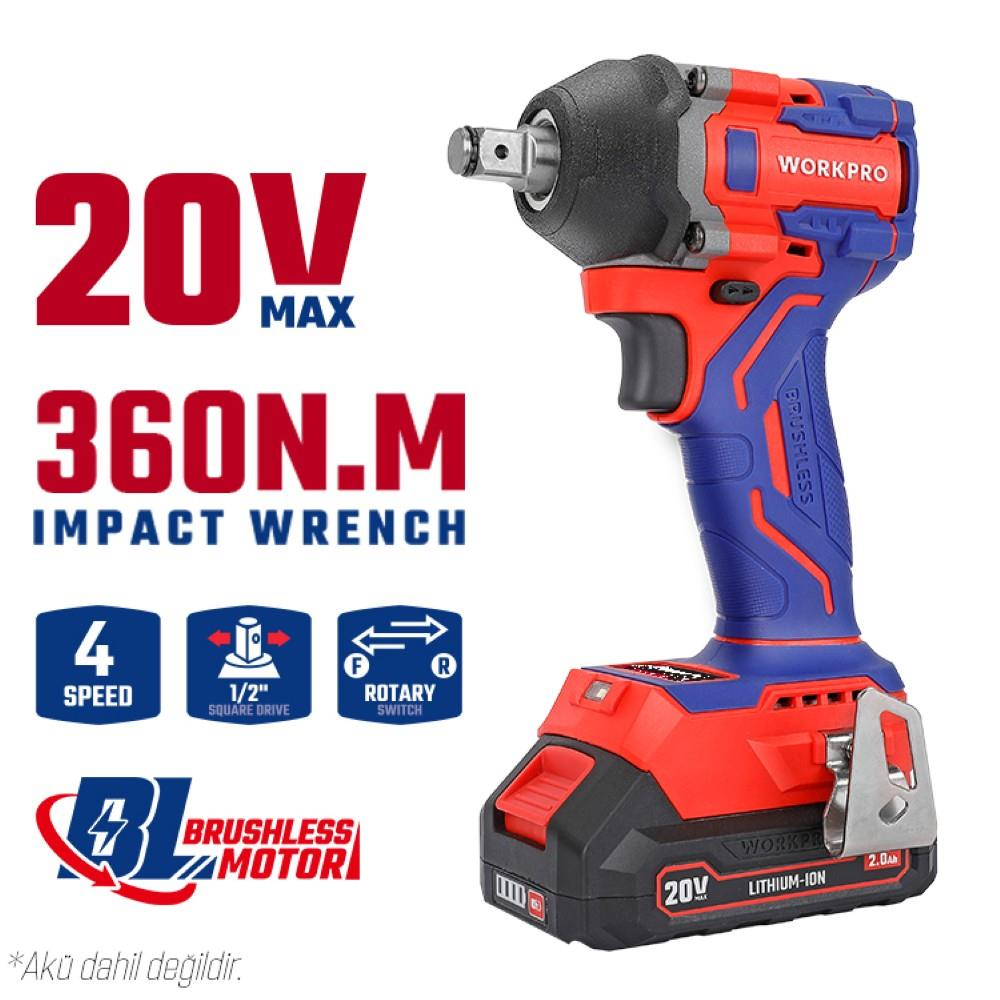 Beyaz arka planda 360Nm torklu ve fırçasız motorlu kırmızı ve mavi 20V akülü darbeli somun sıkma.