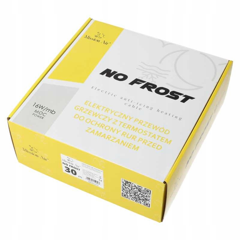 Żółto-białe pudełko produktu z napisem NO FROST i specyfikacją kabla przeciwoblodzeniowego.