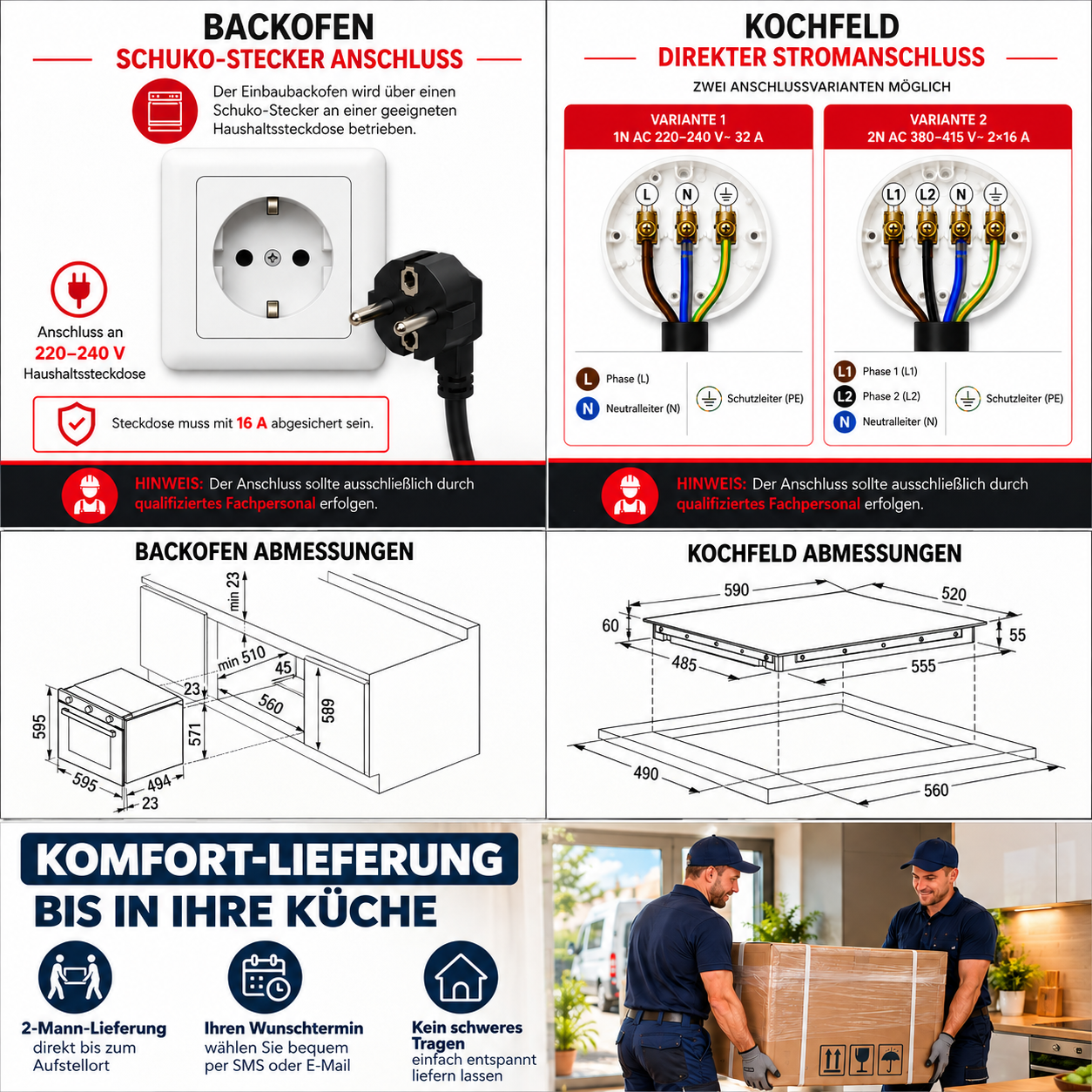 Diagramme zu Backofen- und Kochfeldanschlüssen sowie Maßen, unten Abbildungen von zwei Lieferanten.