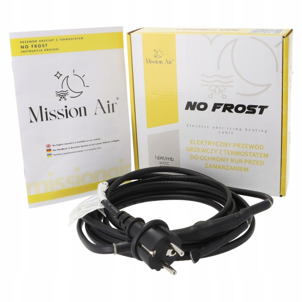 Szpula kabla grzejnego z instrukcją oraz białoróżowym pudełkiem No Frost Mission Air.