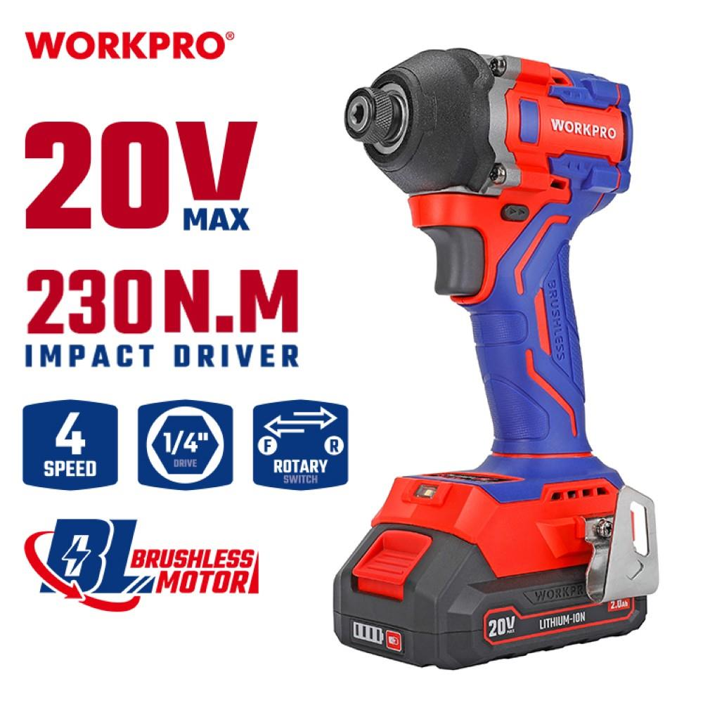 WORKPRO 20V kırmızı ve mavi kablosuz darbeli tornavida ve teknik grafikler.
