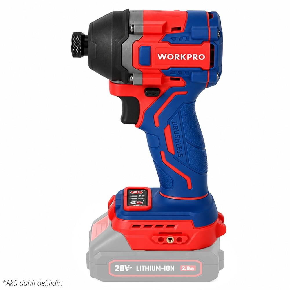 Gri akülü, mavi ve kırmızı renkli WORKPRO akülü darbesiz somun sıkma.
