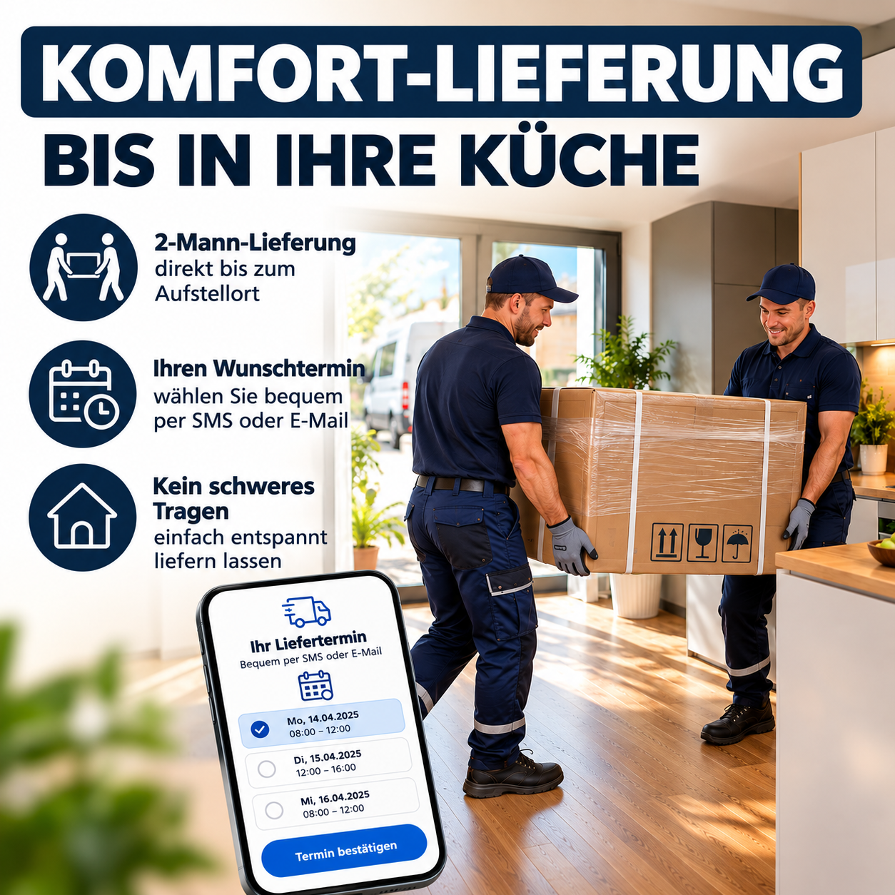 Zwei Lieferanten tragen ein großes Paket in eine helle Küche, mit Smartphone im Vordergrund.