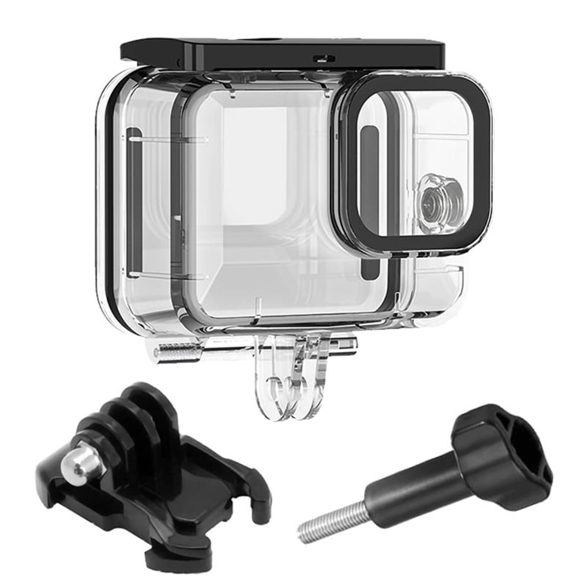 Een heldere, waterdichte actioncam-behuizing met zwarte montagevoet en vleugelmoer op een witte achtergrond.
