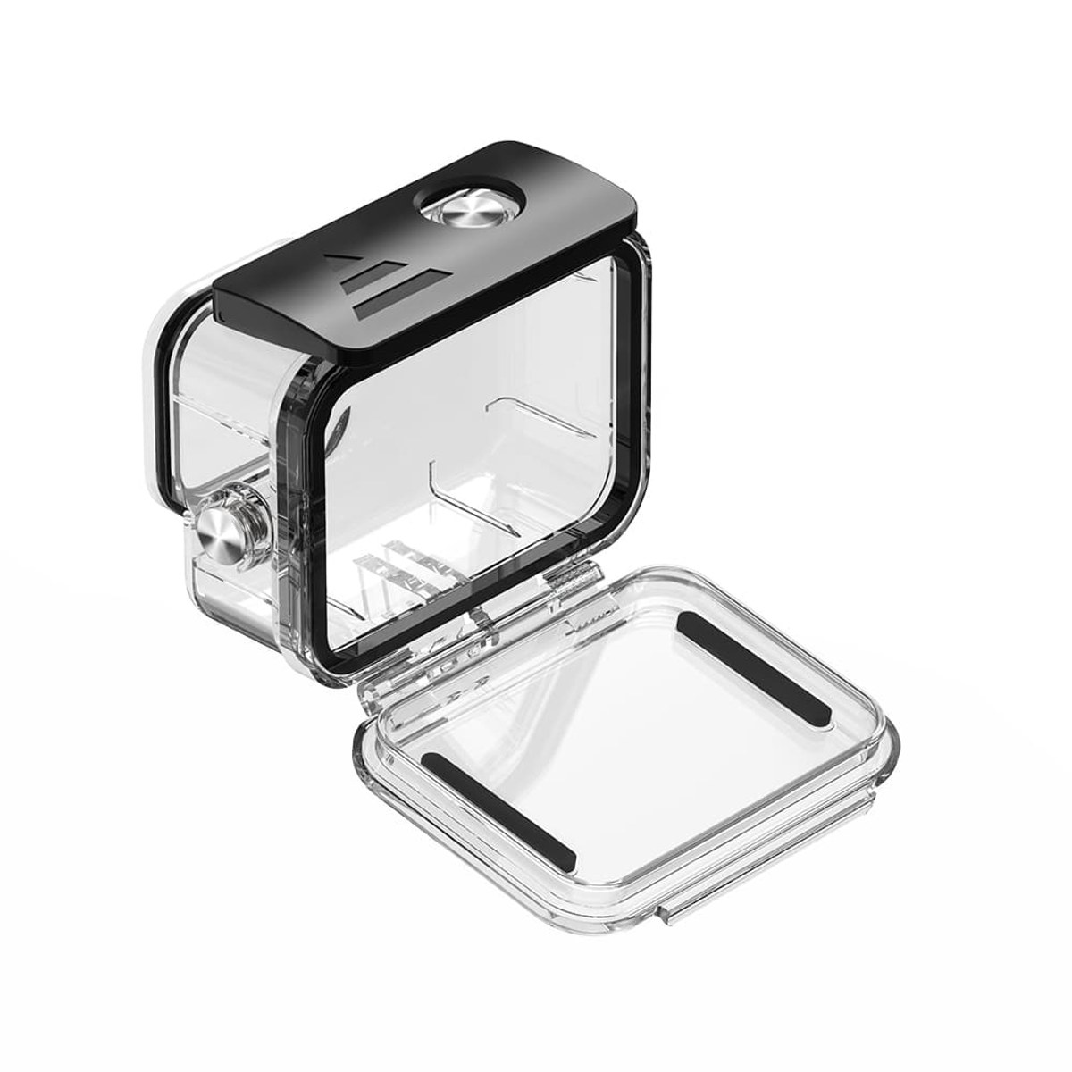 Een open, transparante waterdichte behuizing met een zwart deksel en metalen knoppen op een witte achtergrond.