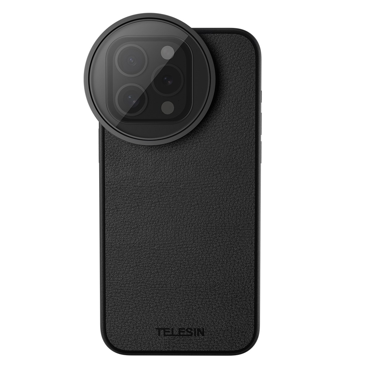 Ein schwarzes Smartphone in strukturierter Hülle mit großem runden Kamera-Objektivadapter.