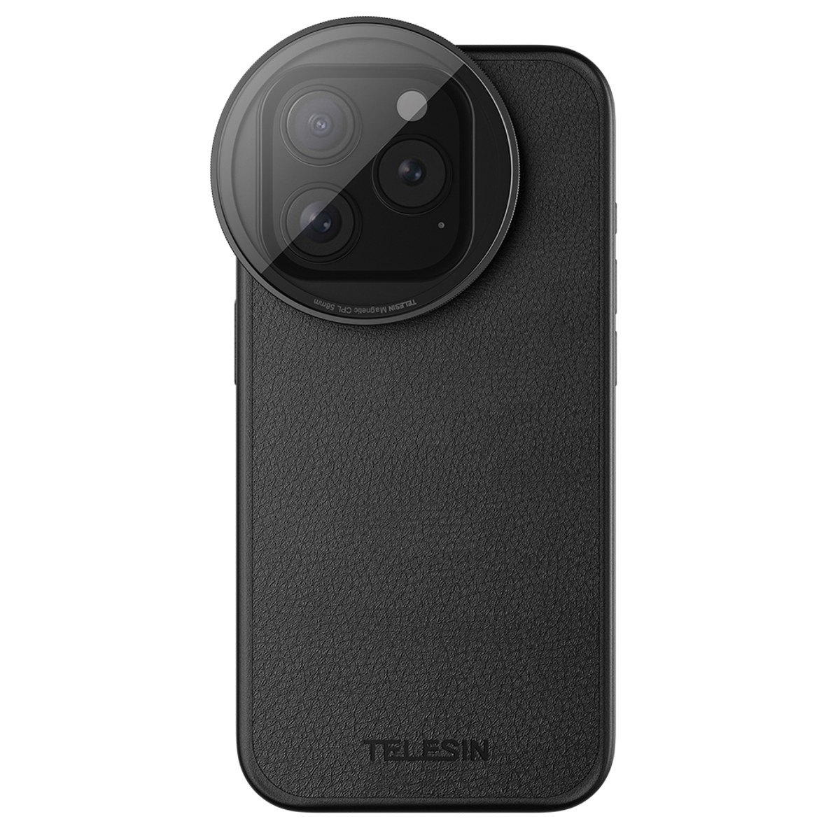 Schwarze Smartphone-Hülle mit einem großen runden Kameraobjektivaufsatz oben und dem TELESIN-Logo unten.
