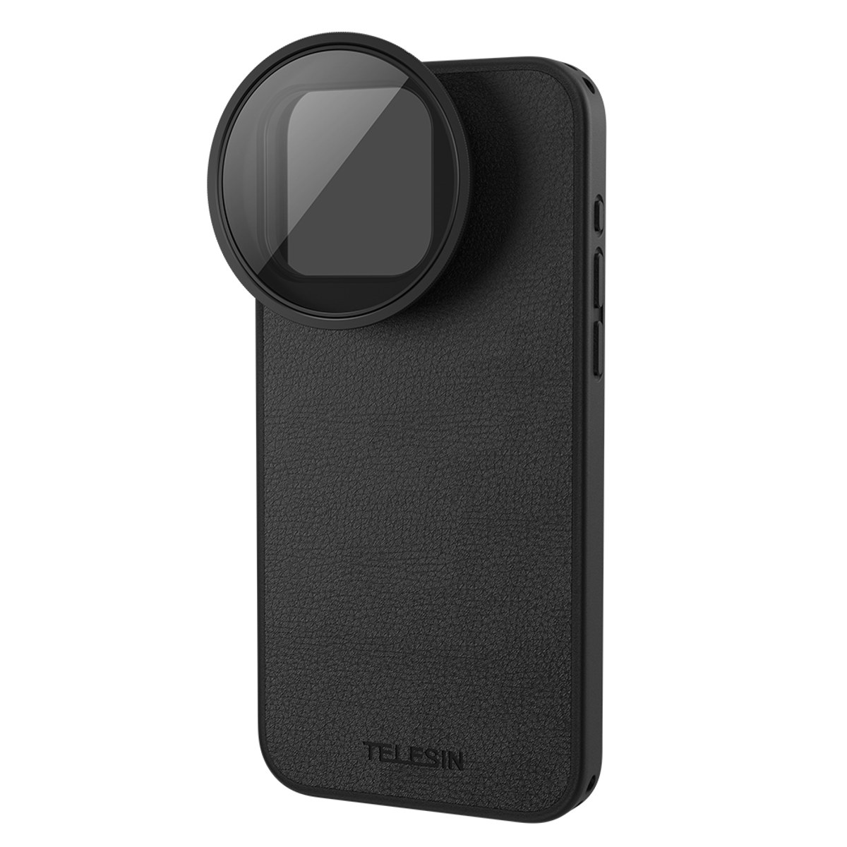 Eine schwarze Smartphone-Hülle mit einem großen, runden Filter oben und dem Schriftzug TELESIN unten.