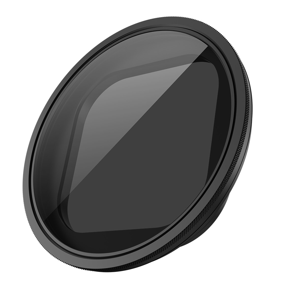 Ein runder, schwarzer Kamerafilter mit Glaslinse und reflektierendem Licht auf weißem Hintergrund.