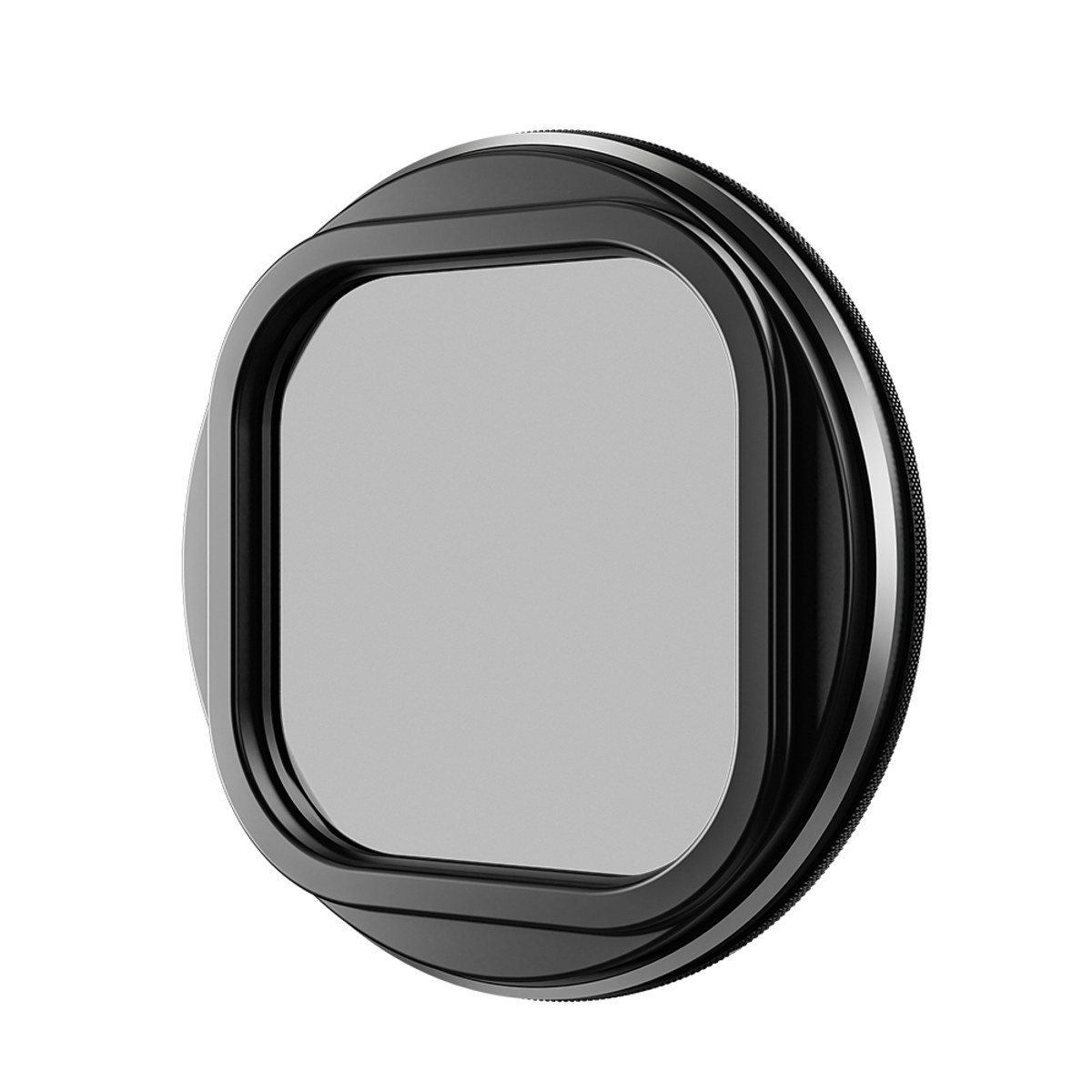 Ein runder, schwarzer Kamerafilter mit quadratischem Glas und einem silbernen Rand vor einem weißen Hintergrund.