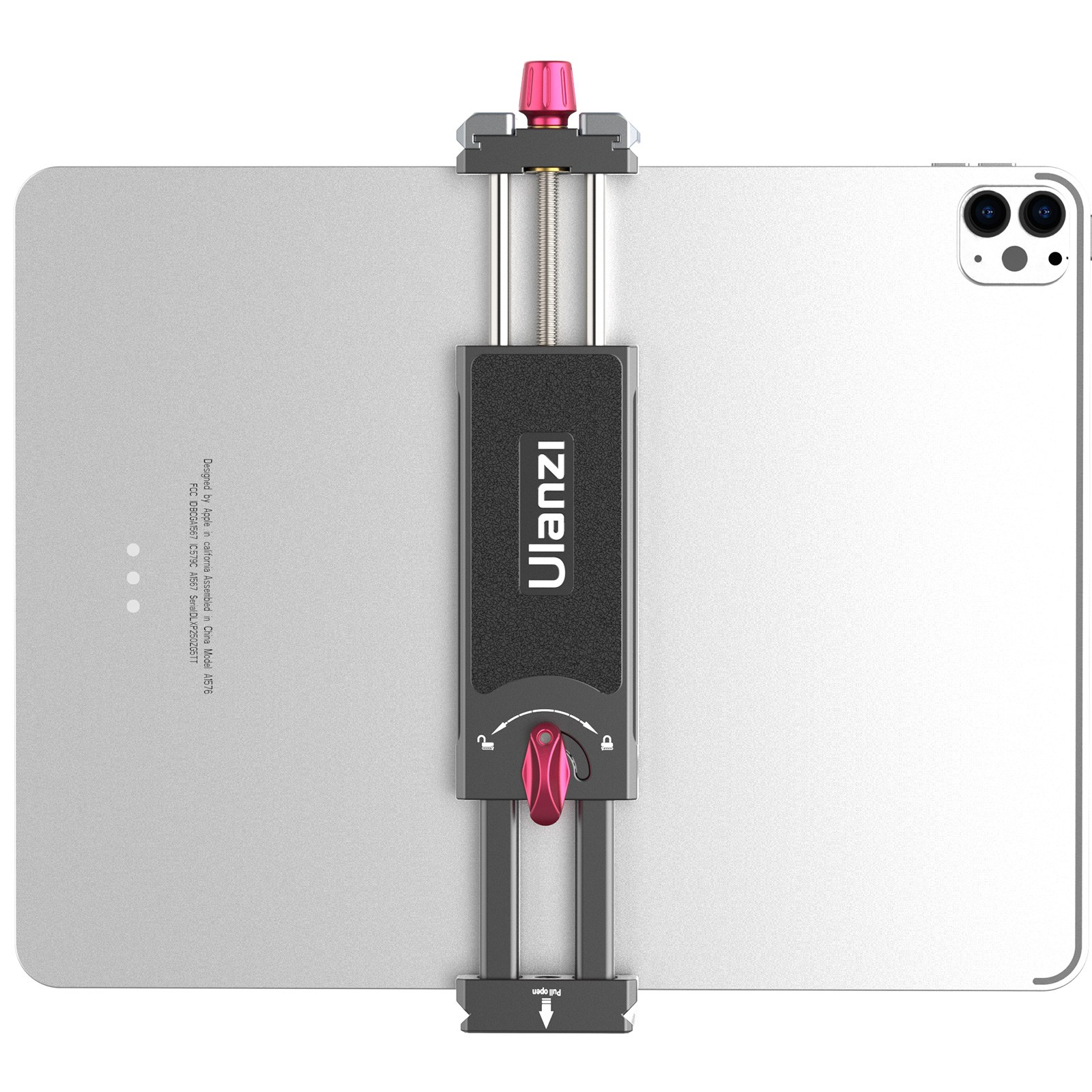 Een zilveren tablet met een Ulanzi houder op de achterkant en rode knoppen.
