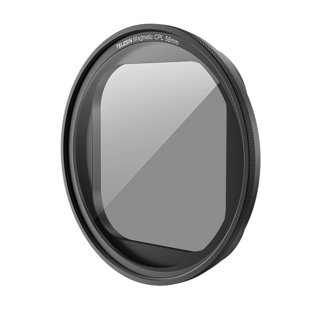 Round Telesin Magnetic CPL 58mm camera filter with a black metal frame on a white background.