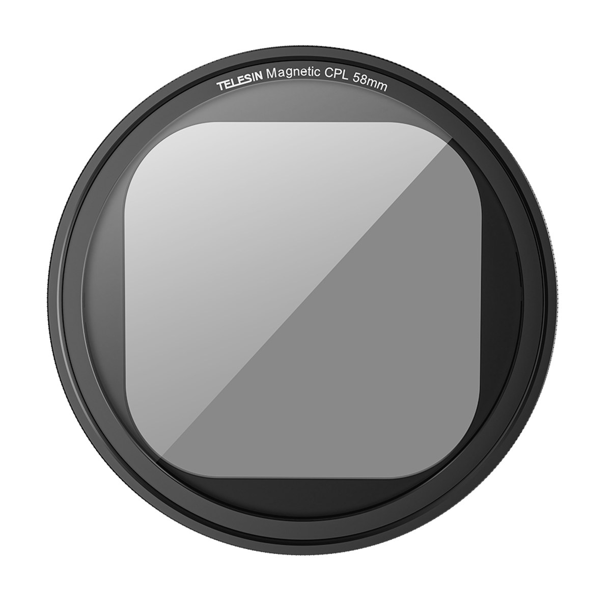 Round black Telesin Magnetic CPL 58mm camera filter with a square glass area.