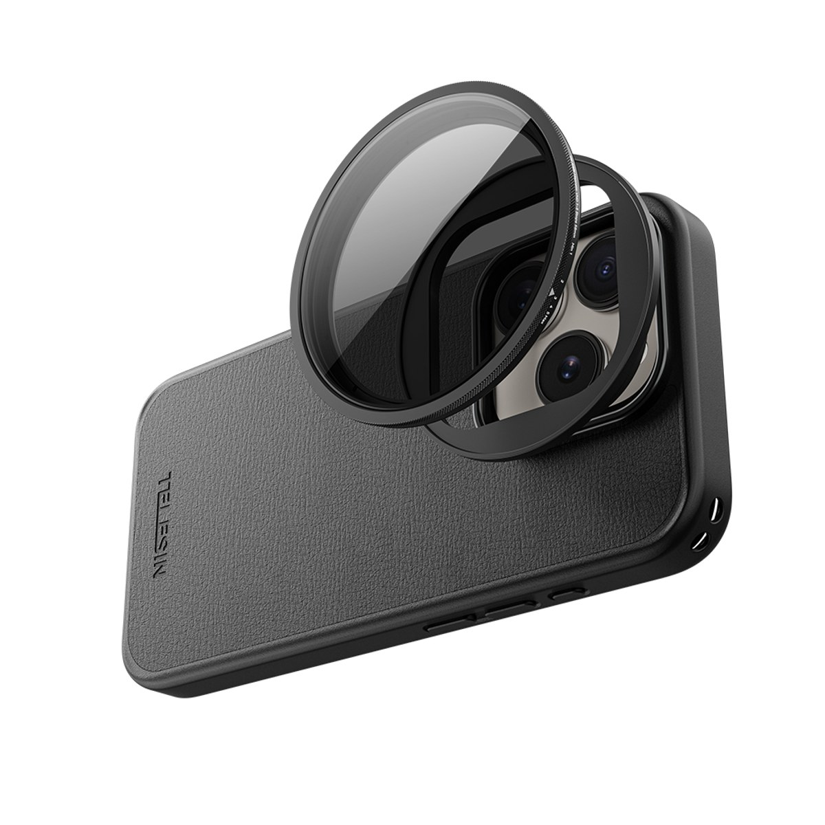 A black smartphone with a protective case and a circular camera filter attached.