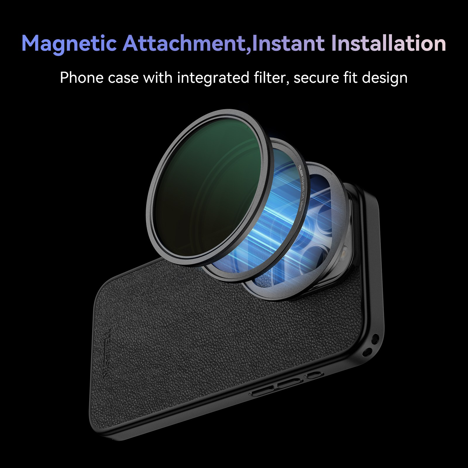 A black phone case with a magnetic filter attached, shown against a dark background with white text.