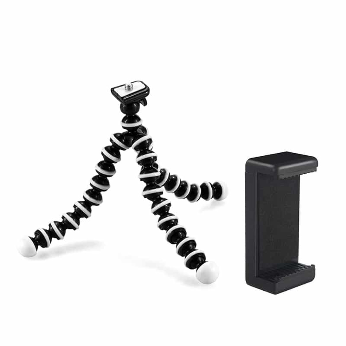 A flexible black and white mini tripod with a separate black smartphone mount on a white background.