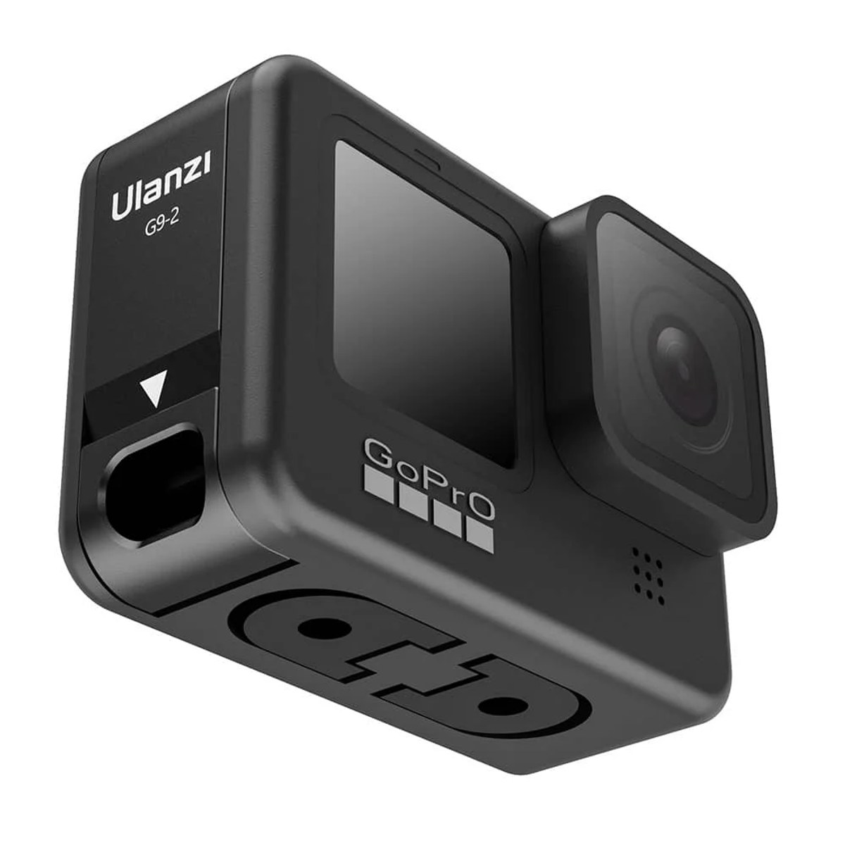 Zwarte Ulanzi G9-2 camerabehuizing met GoPro-logo op een witte achtergrond.