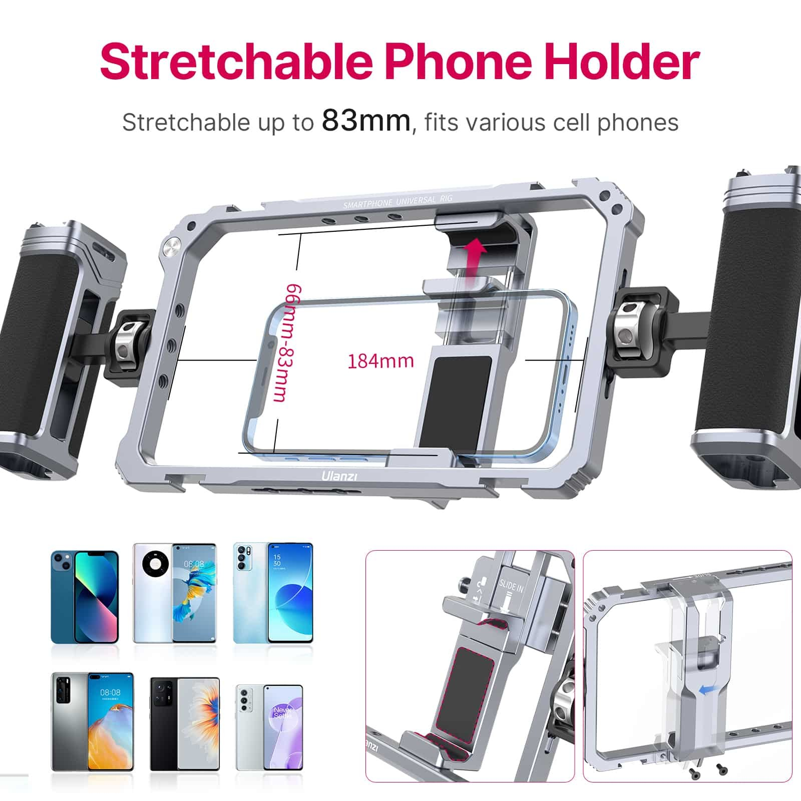 Een zilveren smartphone-videorig met dubbele handgrepen en een verstelbare klem die een telefoon vasthoudt.