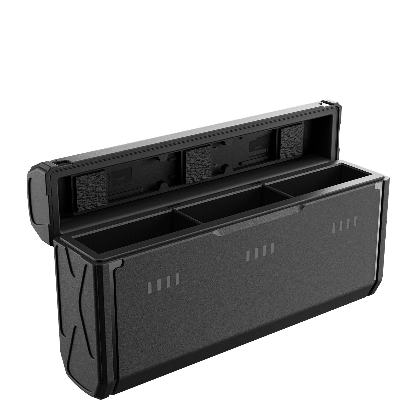 An open black storage box with multiple compartments and a secure lid, isolated on a white background.