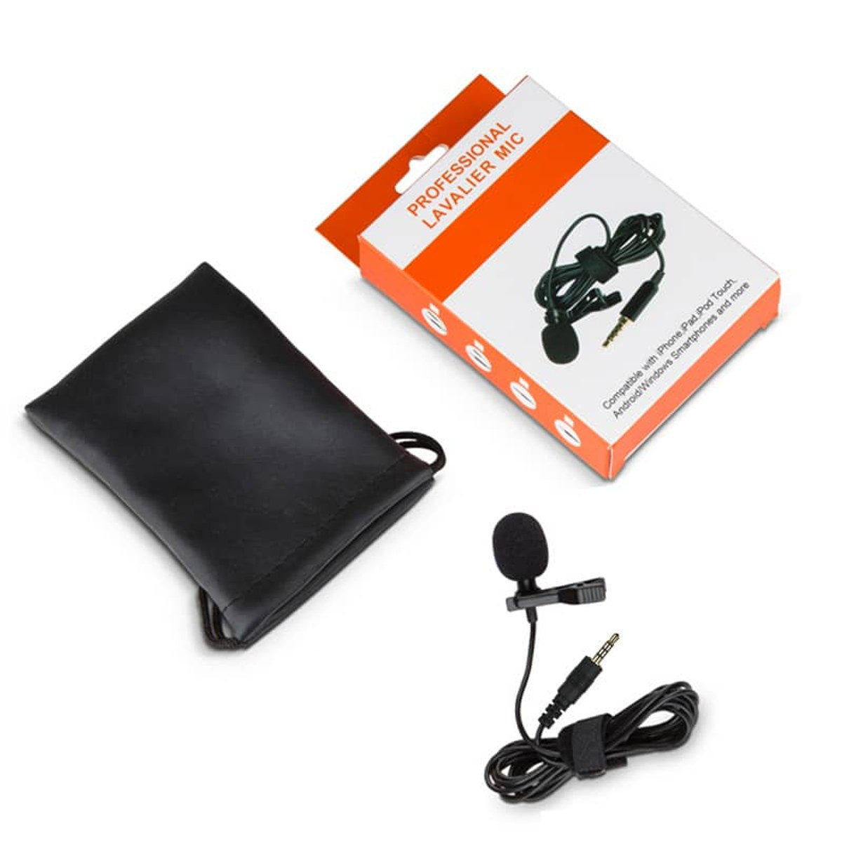 A professional lavalier microphone with a black pouch and its retail box on a white surface.