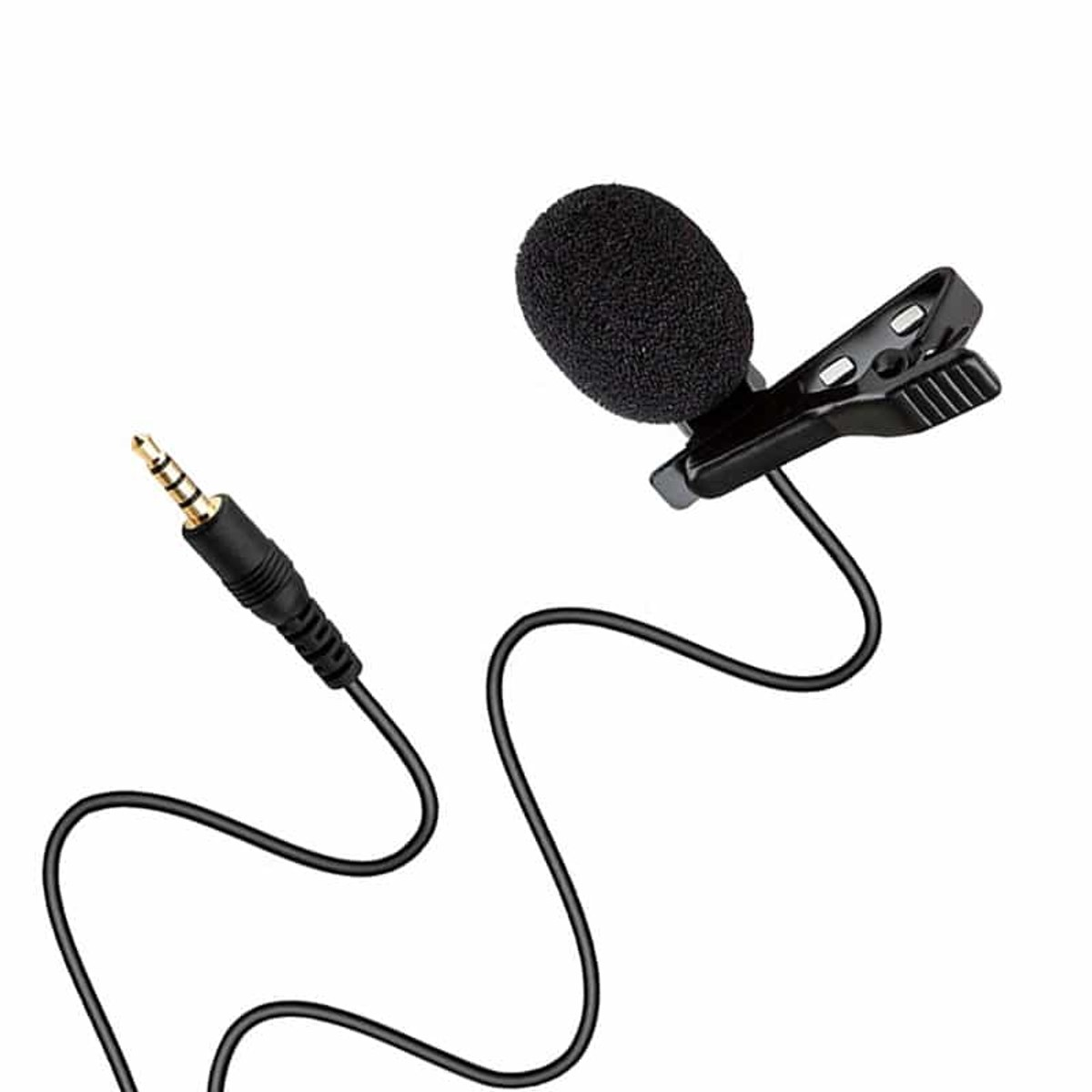 A black lapel microphone with a clip, attached cable, and a 3.5mm jack against a white background.